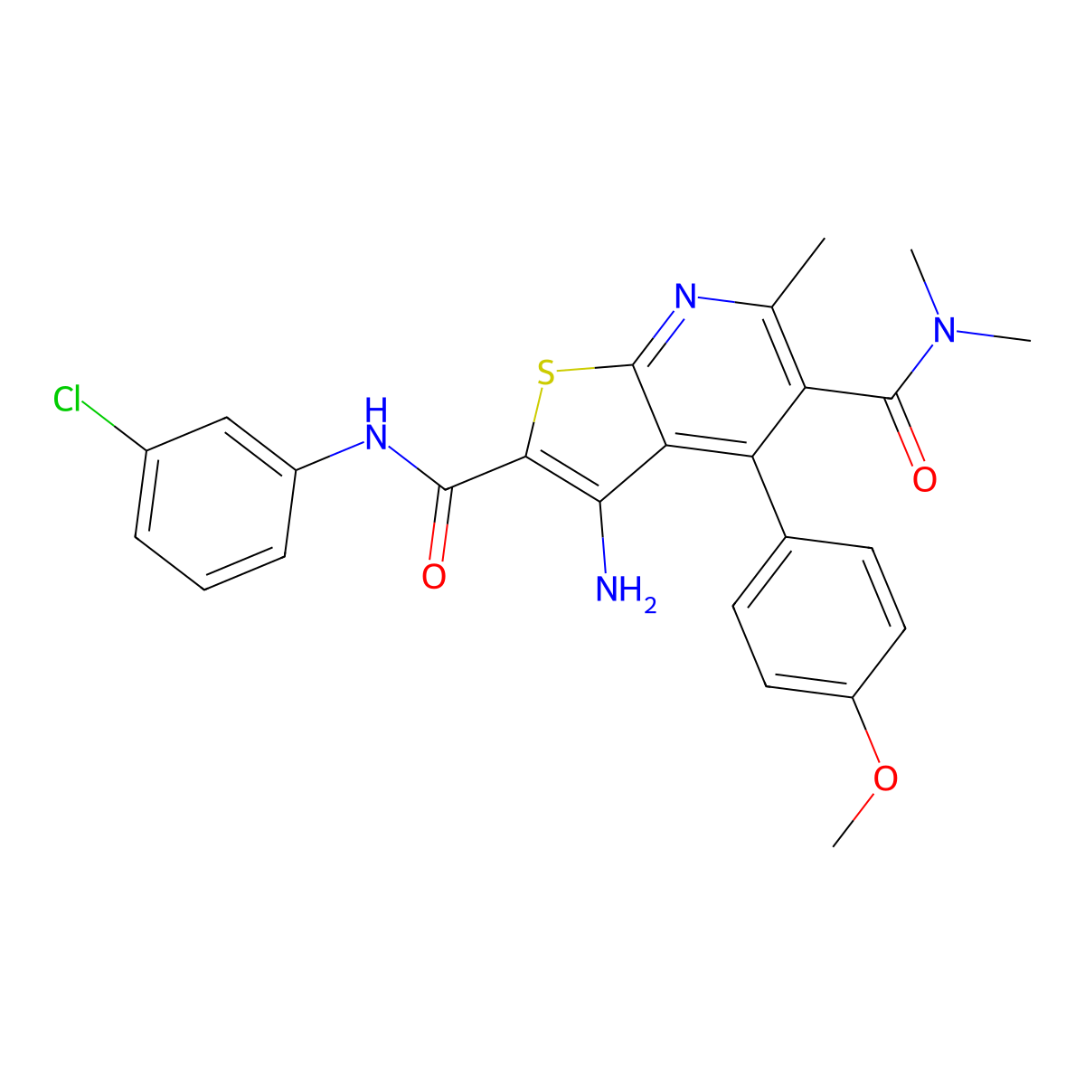 3-amino-N2-(3-chlorophenyl)-4-(4-methoxyphenyl)-N5,N5,6-trimethylthieno[2,3-b]pyridine-2,5-dicarboxamide molecular structure, CAS 2320547-50-8