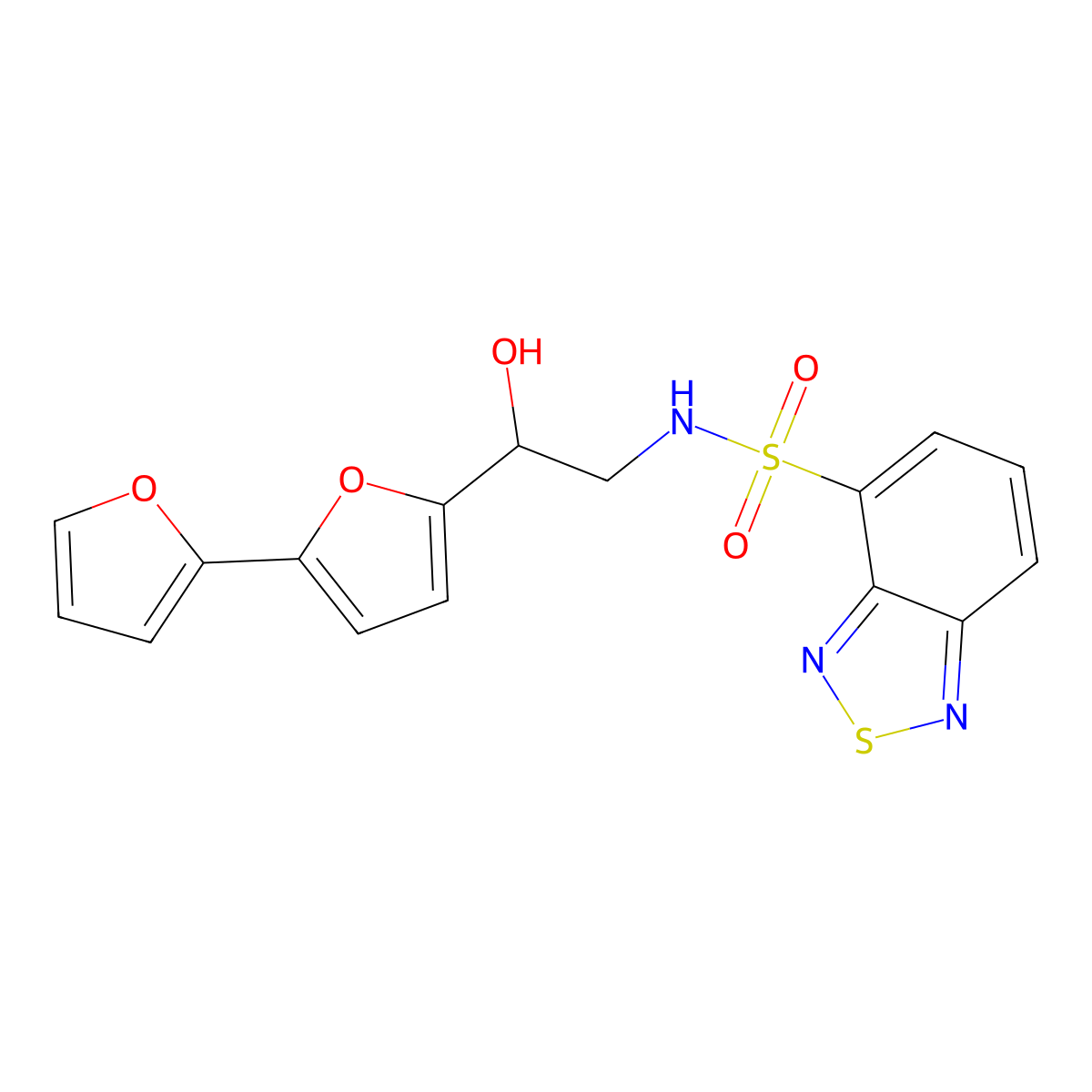 N-(2-{[2,2'-bifuran]-5-yl}-2-hydroxyethyl)-2,1,3-benzothiadiazole-4-sulfonamide molecular structure, CAS 2320547-72-4