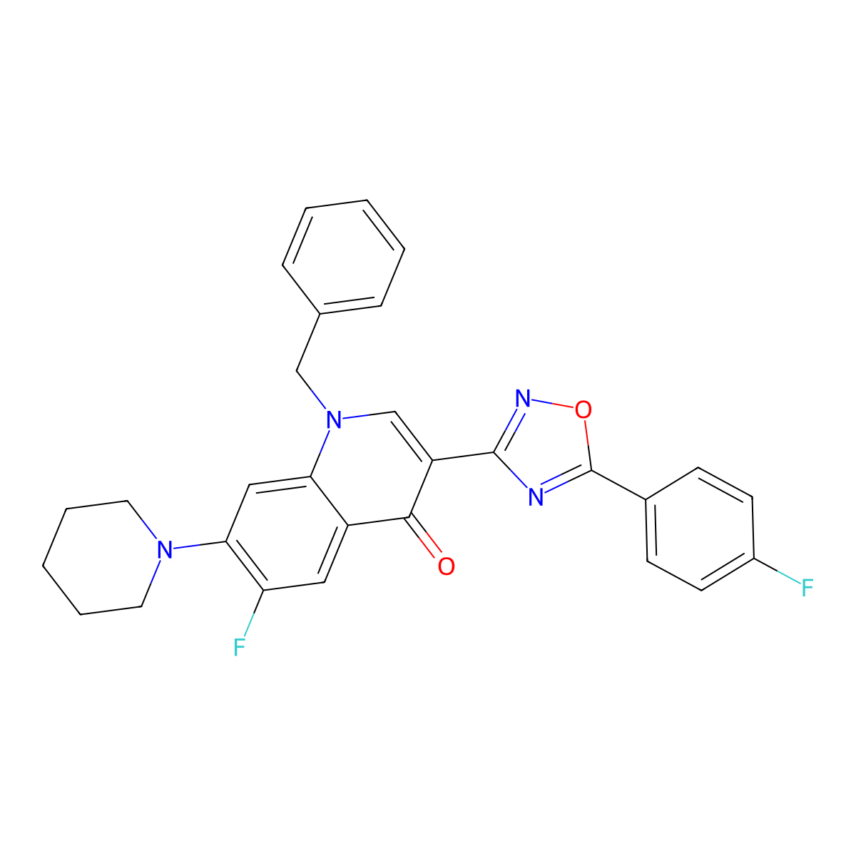 1-Benzyl-6-fluoro-3-[5-(4-fluorophenyl)-1,2,4-oxadiazol-3-yl]-7-(piperidin-1-yl)-1,4-dihydroquinolin-4-one molecular structure, CAS 2320547-88-2