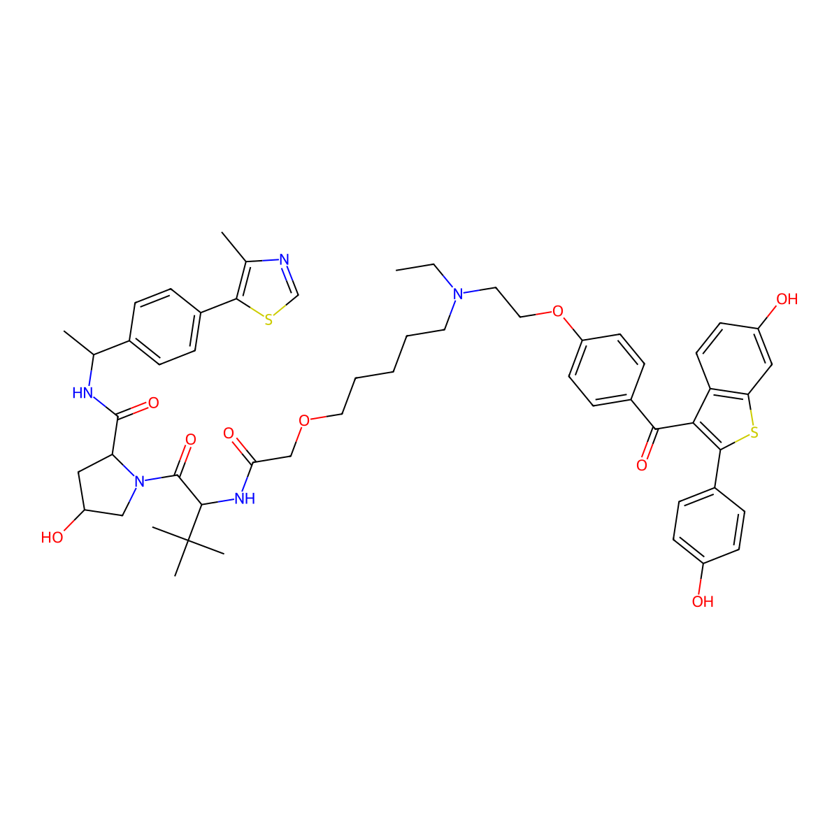(2S,4R)-1-[(2S)-2-[[2-[5-[ethyl-[2-[4-[6-hydroxy-2-(4-hydroxyphenyl)-1-benzothiophene-3-carbonyl]phenoxy]ethyl]amino]pentoxy]acetyl]amino]-3,3-dimethylbutanoyl]-4-hydroxy-N-[(1S)-1-[4-(4-methyl-1,3-thiazol-5-yl)phenyl]ethyl]pyrrolidine-2-carboxamide molecular structure, CAS 2320561-35-9