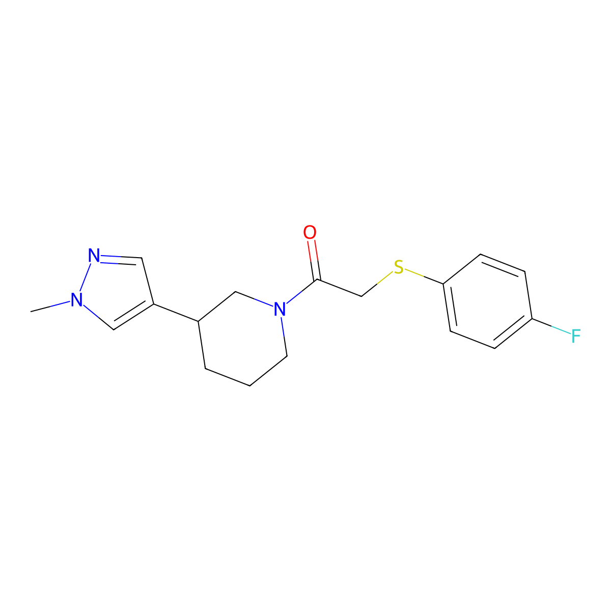 2-((4-fluorophenyl)thio)-1-(3-(1-methyl-1H-pyrazol-4-yl)piperidin-1-yl)ethan-1-one molecular structure, CAS 2320572-03-8