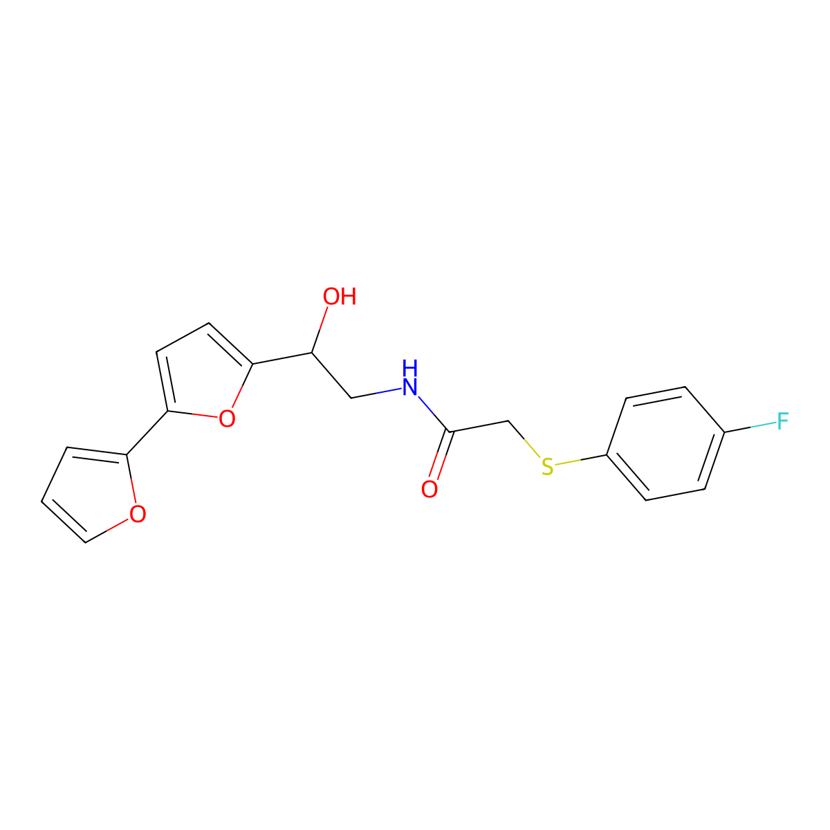 N-(2-{[2,2'-bifuran]-5-yl}-2-hydroxyethyl)-2-[(4-fluorophenyl)sulfanyl]acetamide molecular structure, CAS 2320572-66-3