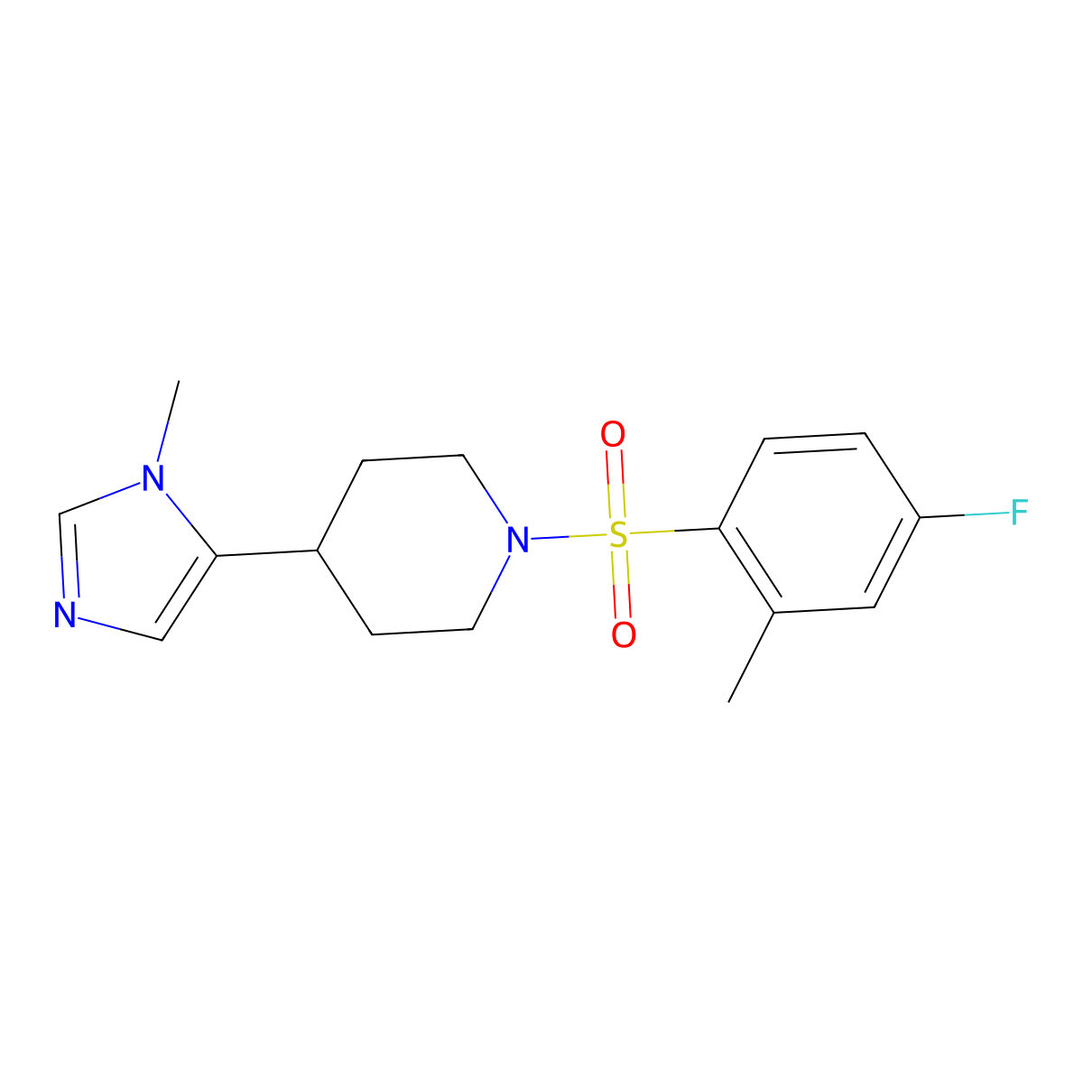 1-(4-fluoro-2-methylbenzenesulfonyl)-4-(1-methyl-1H-imidazol-5-yl)piperidine molecular structure, CAS 2320574-83-0