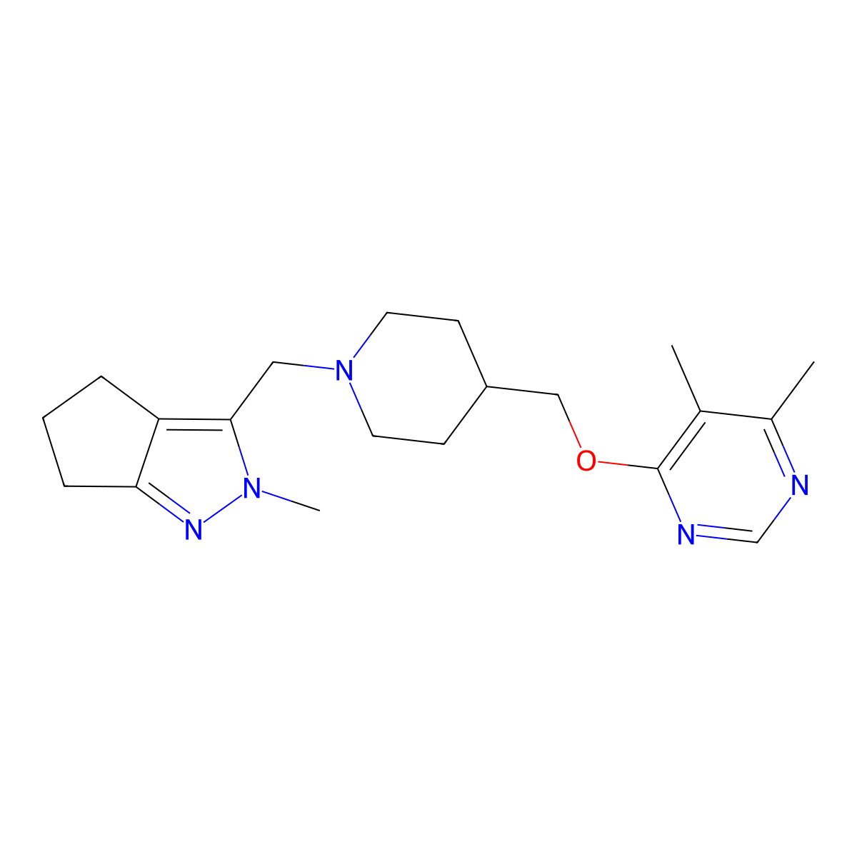 4,5-dimethyl-6-{[1-({2-methyl-2H,4H,5H,6H-cyclopenta[c]pyrazol-3-yl}methyl)piperidin-4-yl]methoxy}pyrimidine molecular structure, CAS 2320575-46-8