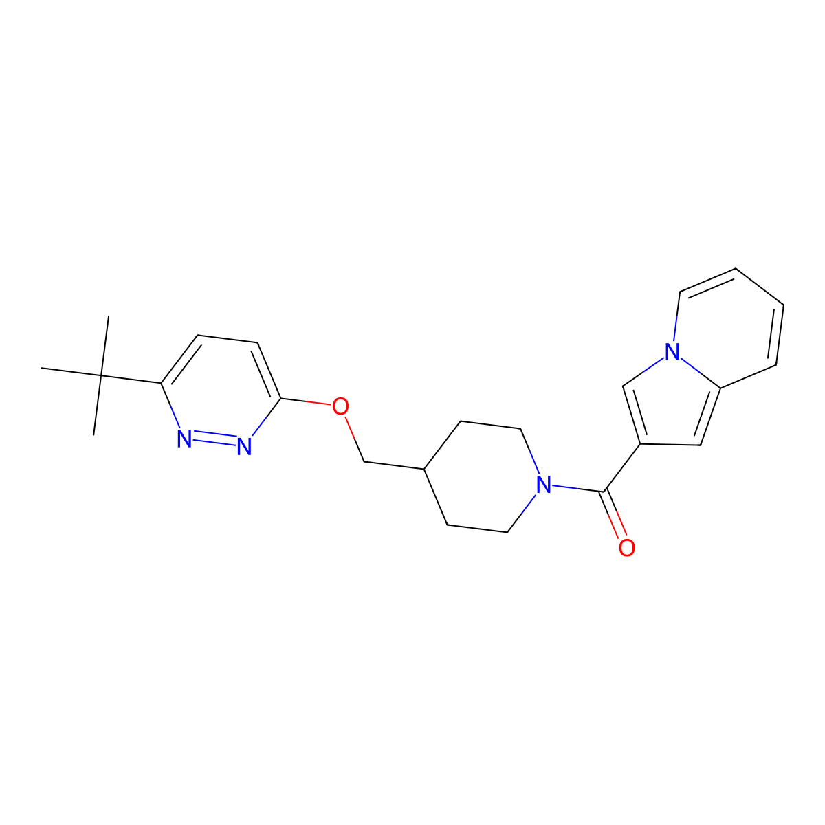 2-(4-{[(6-Tert-butylpyridazin-3-yl)oxy]methyl}piperidine-1-carbonyl)indolizine molecular structure, CAS 2320575-67-3