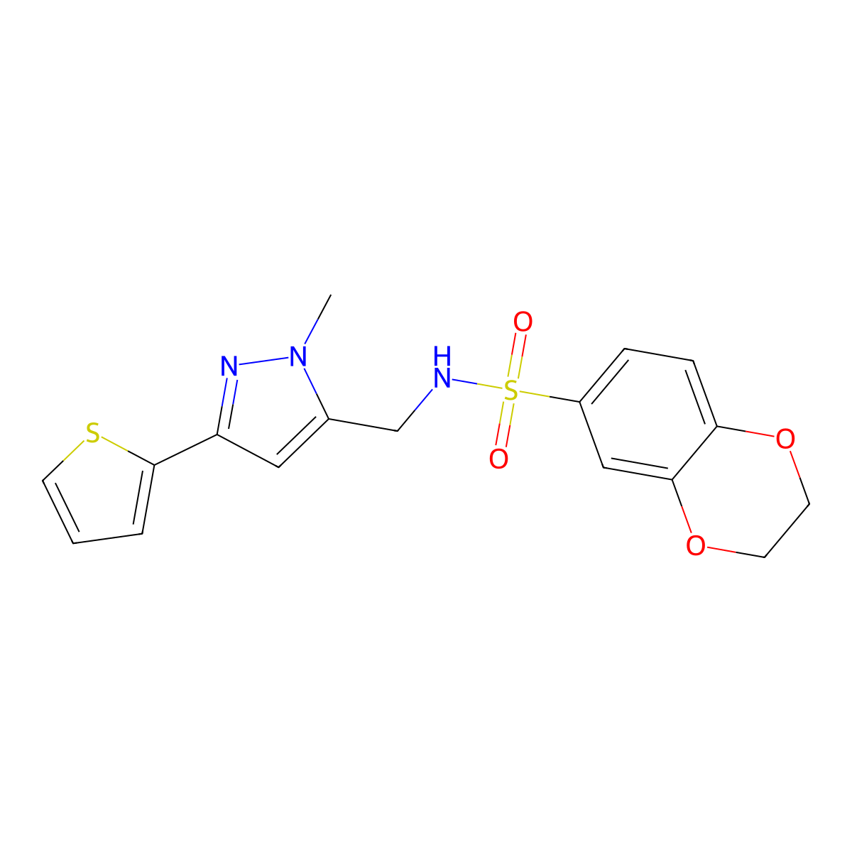 N-{[1-methyl-3-(thiophen-2-yl)-1H-pyrazol-5-yl]methyl}-2,3-dihydro-1,4-benzodioxine-6-sulfonamide molecular structure, CAS 2320575-77-5