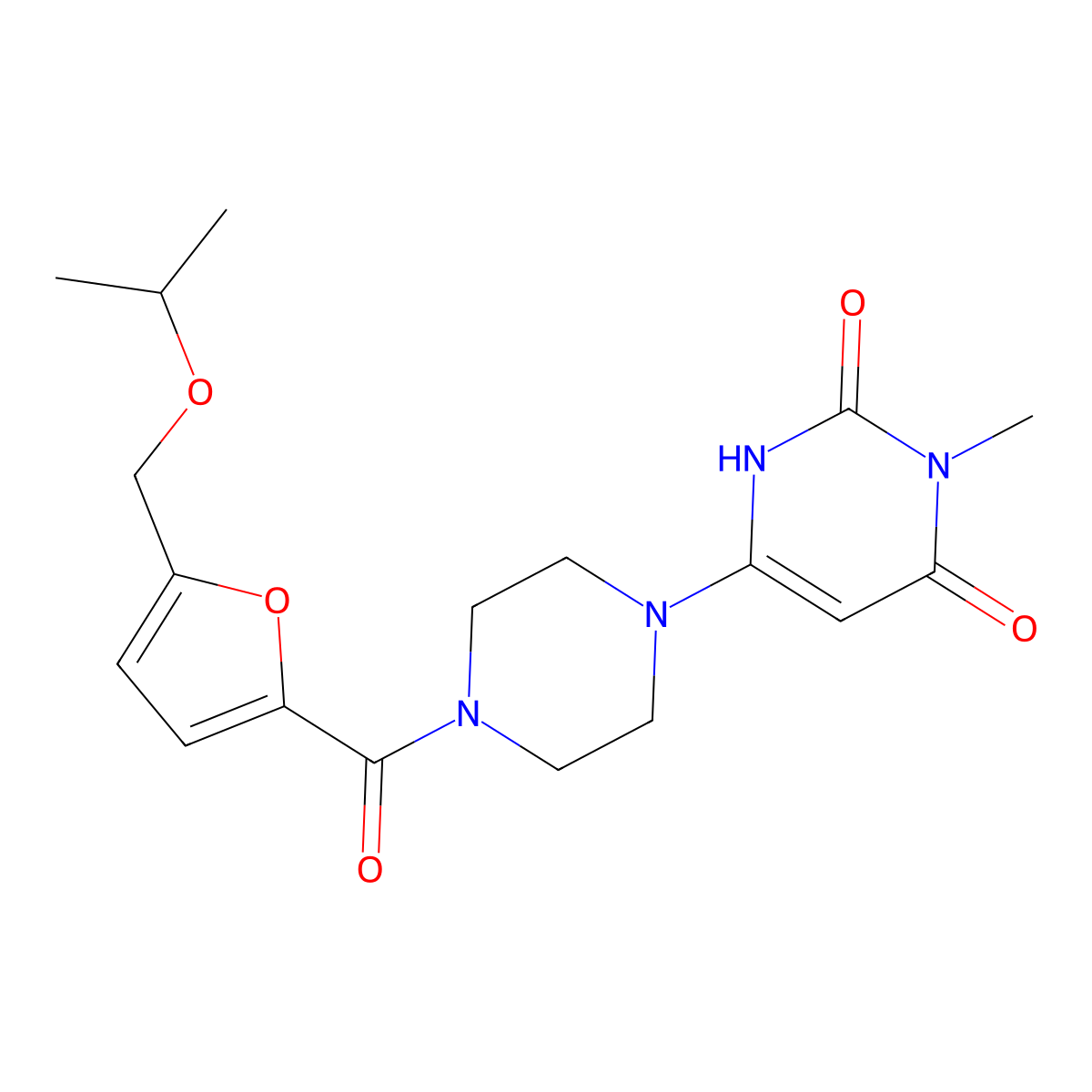 6-(4-(5-(isopropoxymethyl)furan-2-carbonyl)piperazin-1-yl)-3-methylpyrimidine-2,4(1H,3H)-dione molecular structure, CAS 2320575-79-7