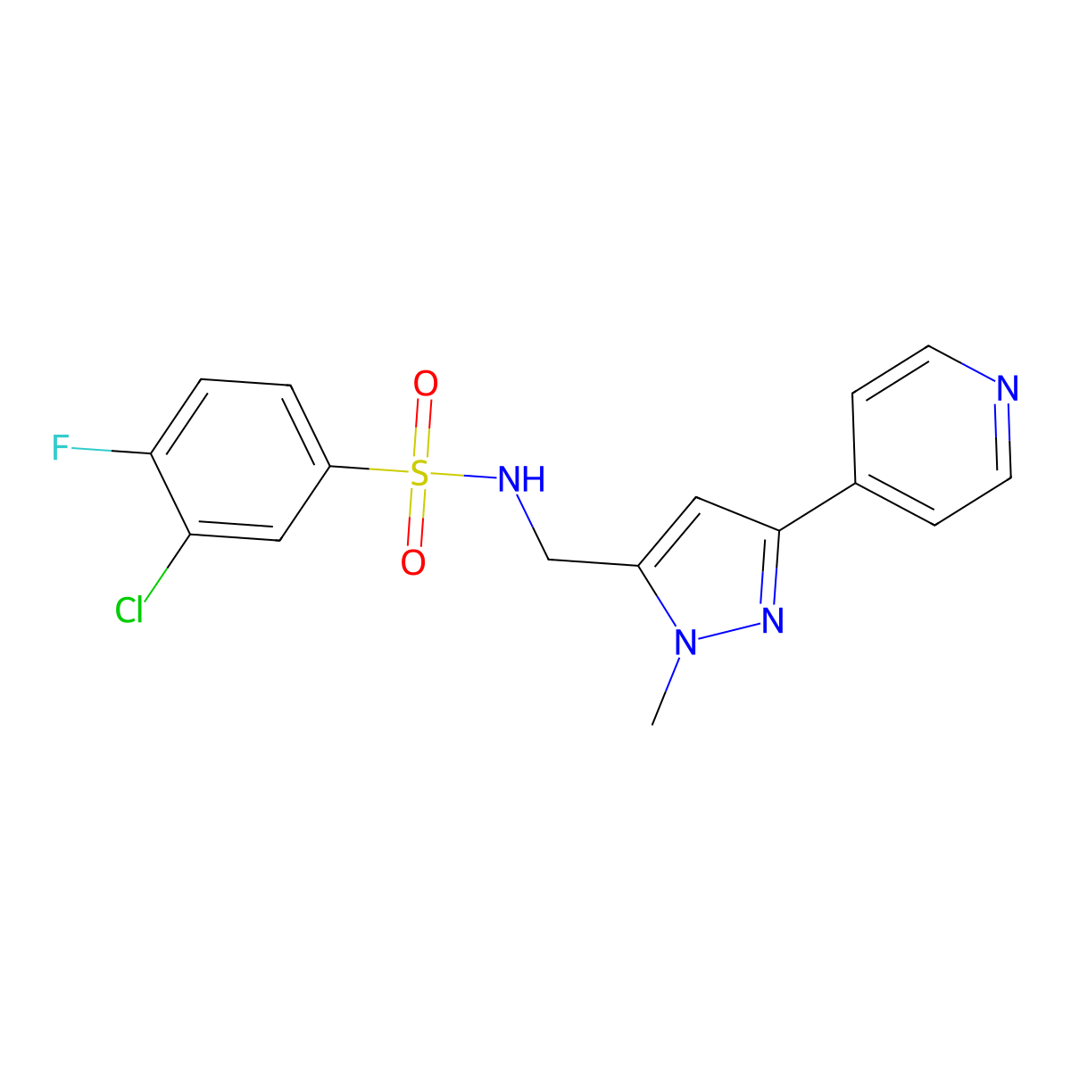 3-chloro-4-fluoro-N-{[1-methyl-3-(pyridin-4-yl)-1H-pyrazol-5-yl]methyl}benzene-1-sulfonamide molecular structure, CAS 2320575-82-2