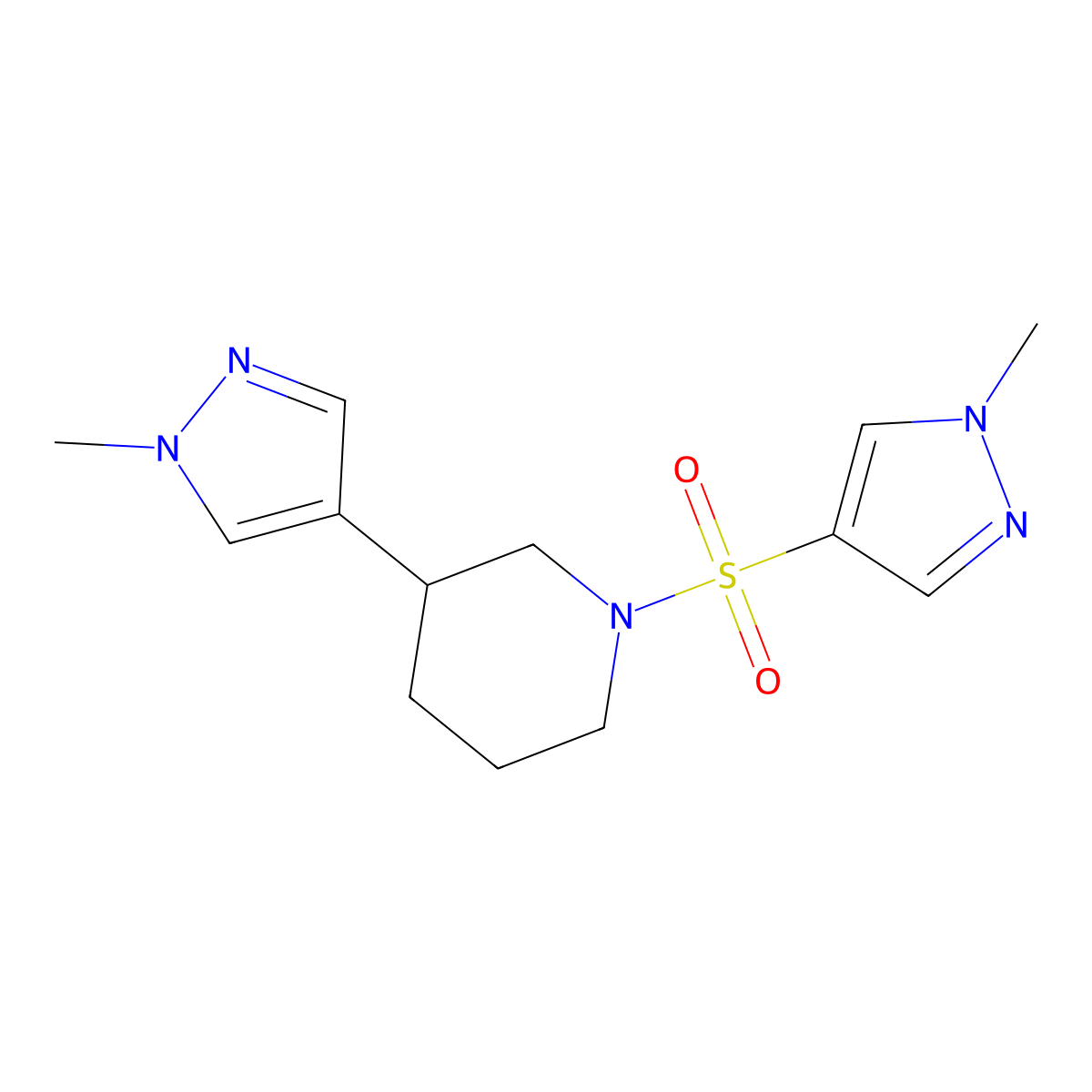 3-(1-methyl-1H-pyrazol-4-yl)-1-[(1-methyl-1H-pyrazol-4-yl)sulfonyl]piperidine molecular structure, CAS 2320576-61-0