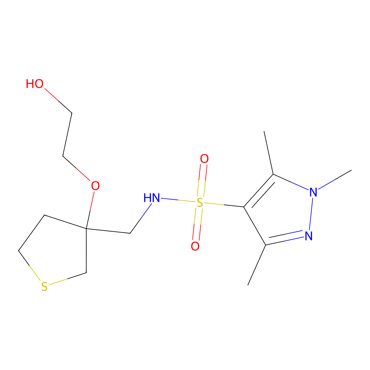 N-((3-(2-hydroxyethoxy)tetrahydrothiophen-3-yl)methyl)-1,3,5-trimethyl-1H-pyrazole-4-sulfonamide molecular structure, CAS 2320576-70-1