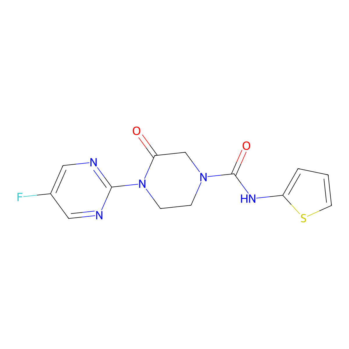 4-(5-fluoropyrimidin-2-yl)-3-oxo-N-(thiophen-2-yl)piperazine-1-carboxamide molecular structure, CAS 2320576-71-2