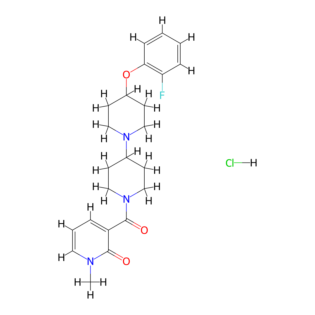 3-[4-[4-(2-Fluorophenoxy)piperidin-1-yl]piperidine-1-carbonyl]-1-methylpyridin-2-one;hydrochloride molecular structure, CAS 2320576-80-3