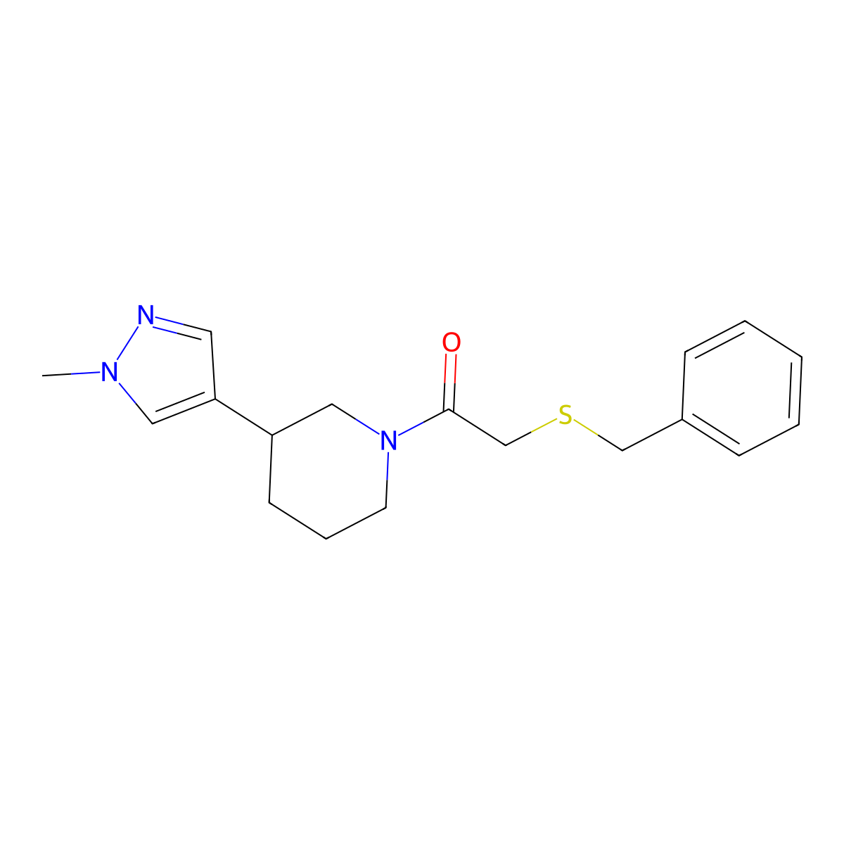 2-(benzylsulfanyl)-1-[3-(1-methyl-1H-pyrazol-4-yl)piperidin-1-yl]ethan-1-one molecular structure, CAS 2320577-05-5