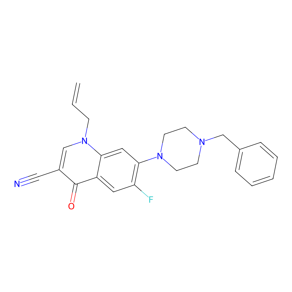 7-(4-Benzylpiperazin-1-yl)-6-fluoro-4-oxo-1-prop-2-enylquinoline-3-carbonitrile molecular structure, CAS 2320577-33-9