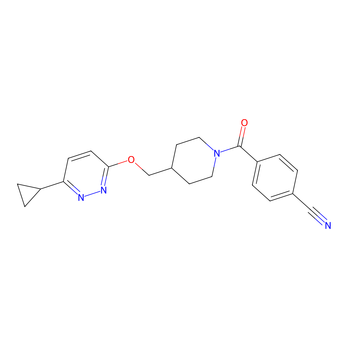 4-[4-[(6-Cyclopropylpyridazin-3-yl)oxymethyl]piperidine-1-carbonyl]benzonitrile molecular structure, CAS 2320577-62-4