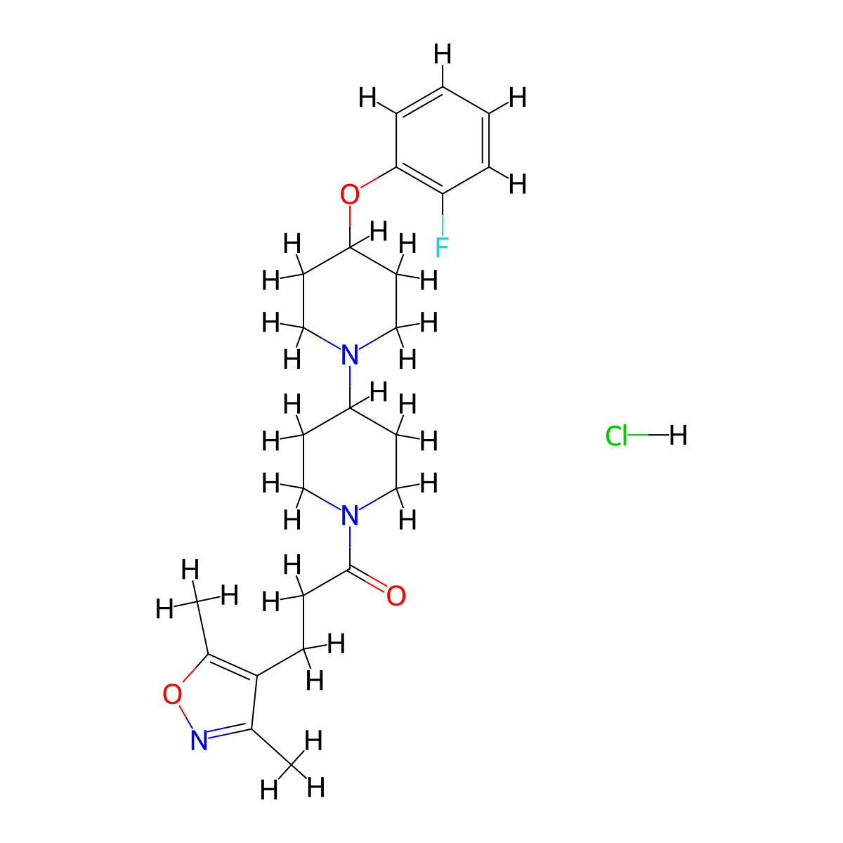 3-(3,5-Dimethyl-1,2-oxazol-4-yl)-1-[4-(2-fluorophenoxy)-[1,4'-bipiperidine]-1'-yl]propan-1-one hydrochloride molecular structure, CAS 2320577-81-7