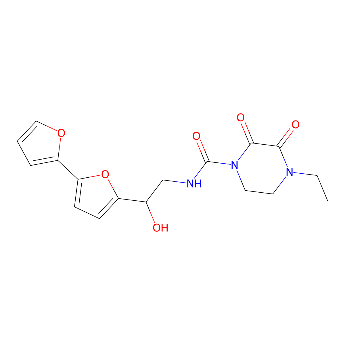 N-(2-{[2,2'-bifuran]-5-yl}-2-hydroxyethyl)-4-ethyl-2,3-dioxopiperazine-1-carboxamide molecular structure, CAS 2320578-22-9
