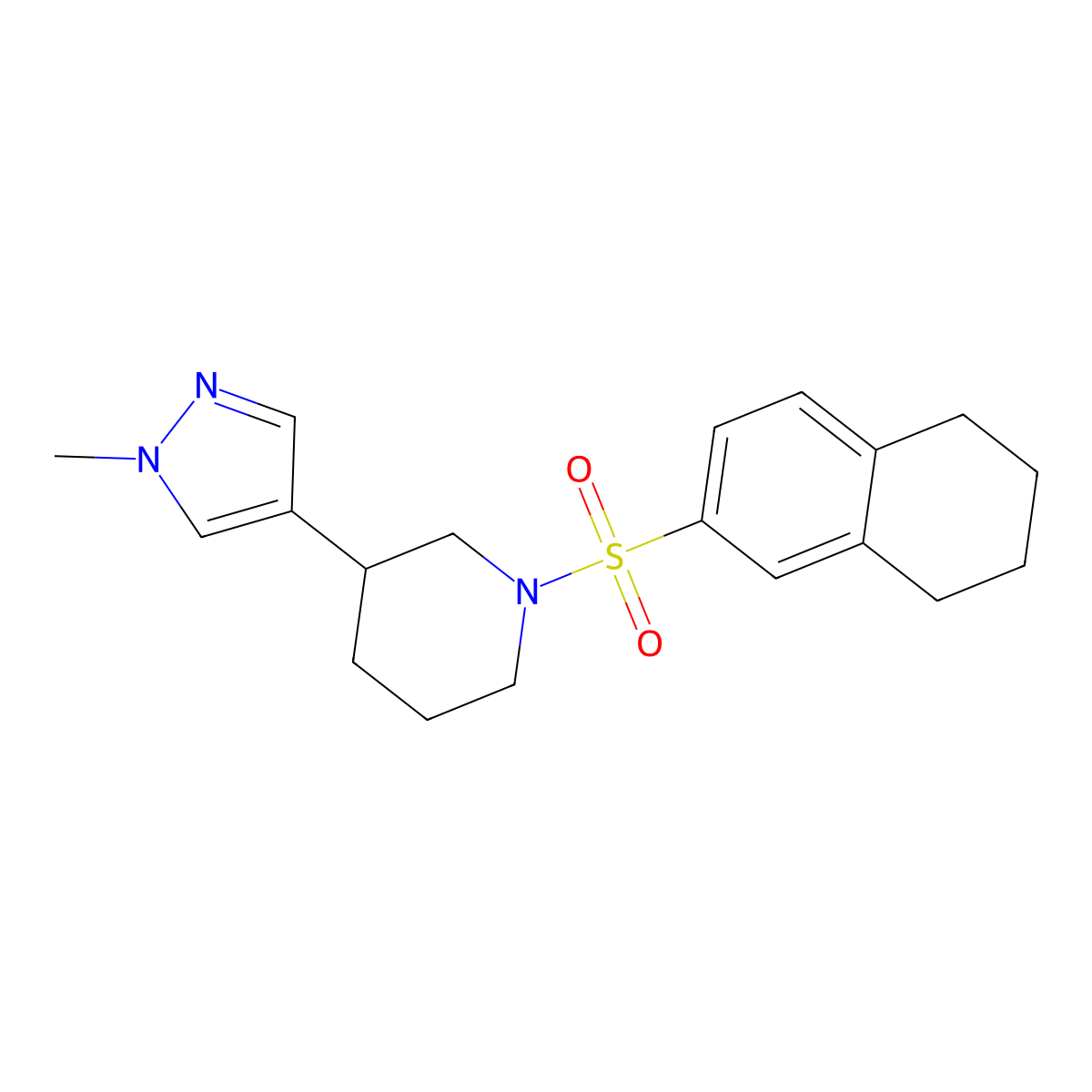 3-(1-methyl-1H-pyrazol-4-yl)-1-(5,6,7,8-tetrahydronaphthalene-2-sulfonyl)piperidine molecular structure, CAS 2320582-47-4