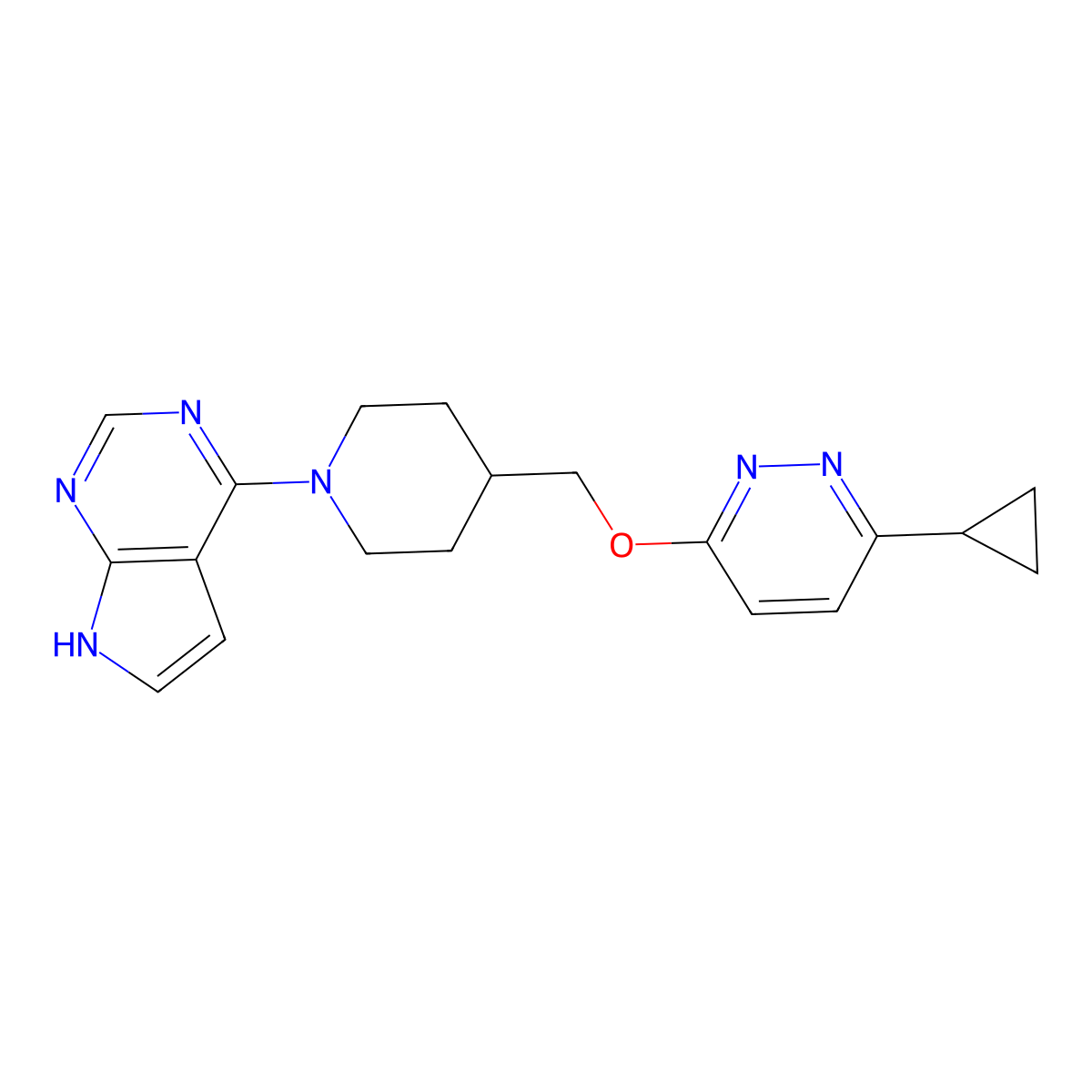 3-cyclopropyl-6-[(1-{7H-pyrrolo[2,3-d]pyrimidin-4-yl}piperidin-4-yl)methoxy]pyridazine molecular structure, CAS 2320582-98-5