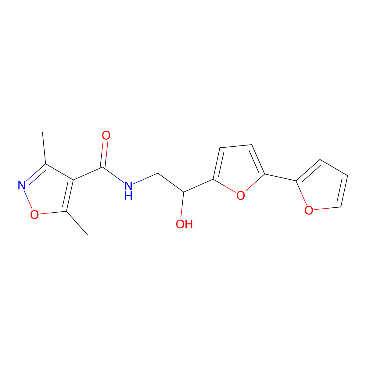N-(2-{[2,2'-bifuran]-5-yl}-2-hydroxyethyl)-3,5-dimethyl-1,2-oxazole-4-carboxamide molecular structure, CAS 2320583-13-7