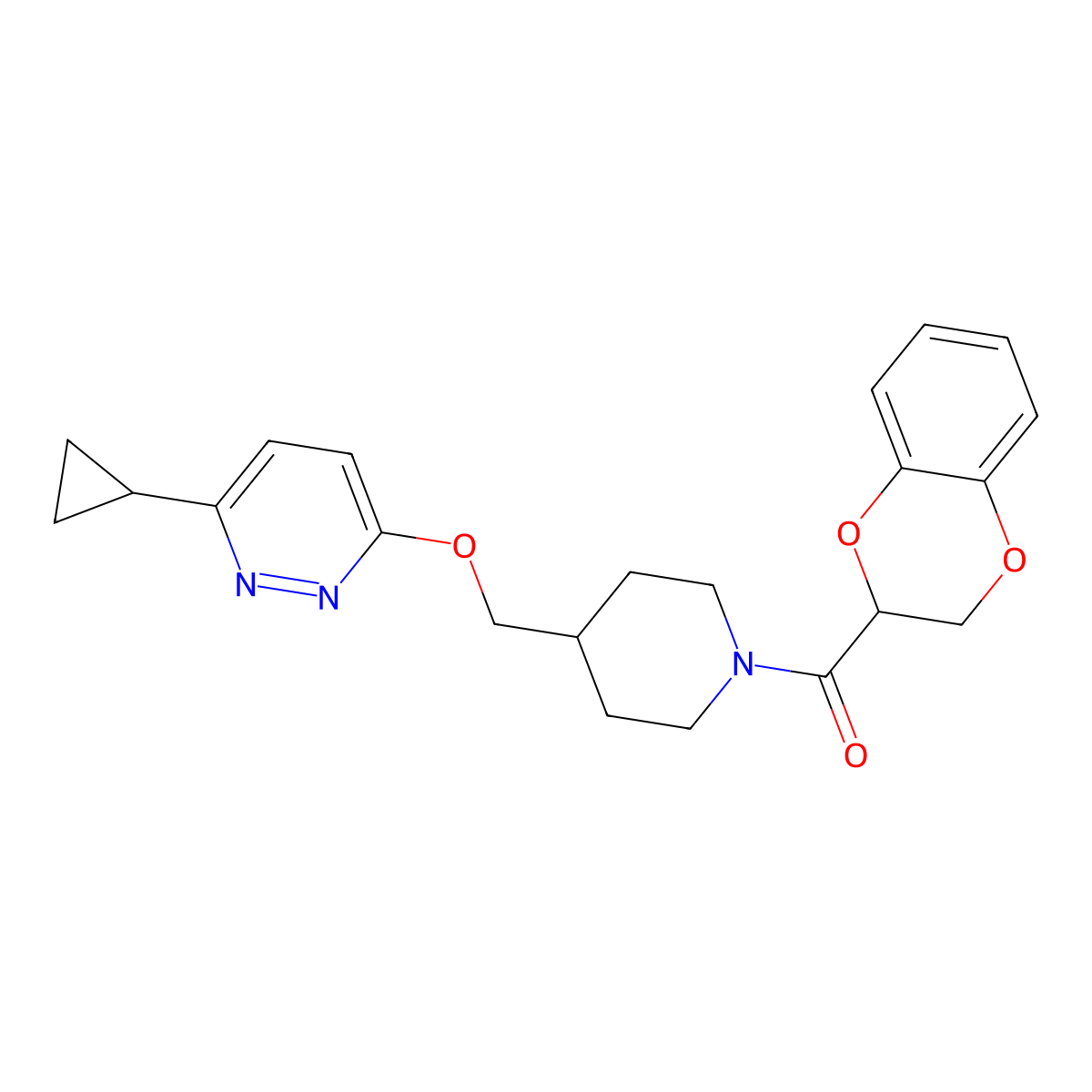3-Cyclopropyl-6-{[1-(2,3-dihydro-1,4-benzodioxine-2-carbonyl)piperidin-4-yl]methoxy}pyridazine molecular structure, CAS 2320583-20-6