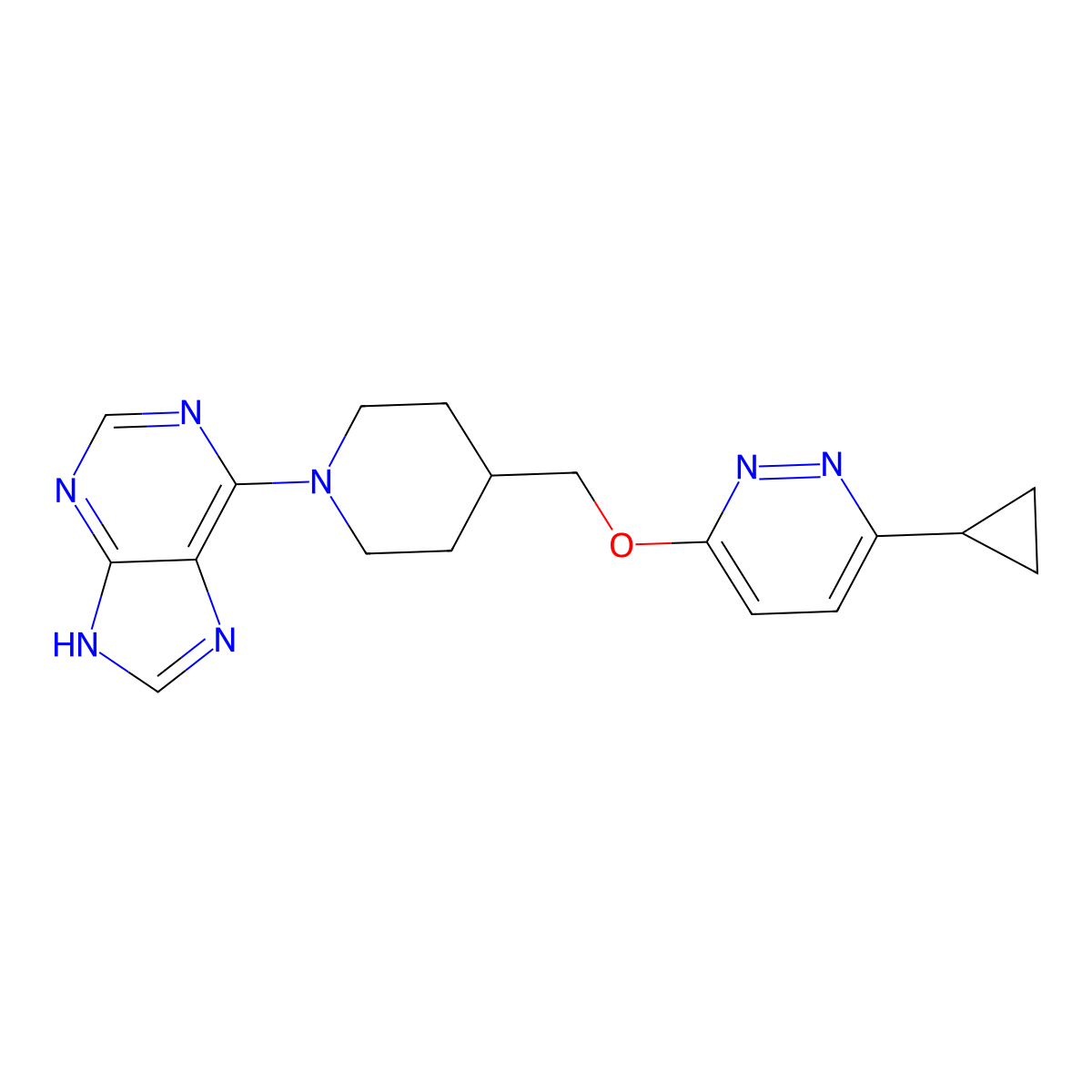 6-(4-{[(6-cyclopropylpyridazin-3-yl)oxy]methyl}piperidin-1-yl)-9H-purine molecular structure, CAS 2320583-48-8