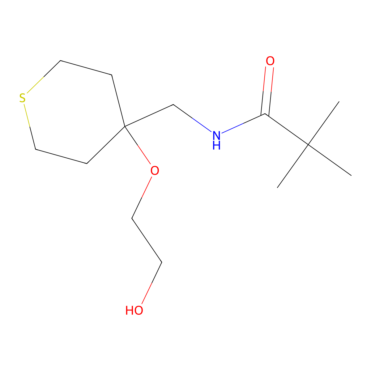 N-((4-(2-hydroxyethoxy)tetrahydro-2H-thiopyran-4-yl)methyl)pivalamide molecular structure, CAS 2320601-62-3