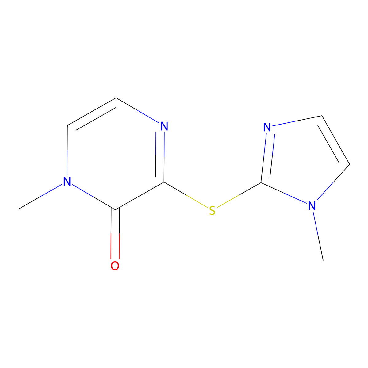1-methyl-3-((1-methyl-1H-imidazol-2-yl)thio)pyrazin-2(1H)-one molecular structure, CAS 2320602-72-8