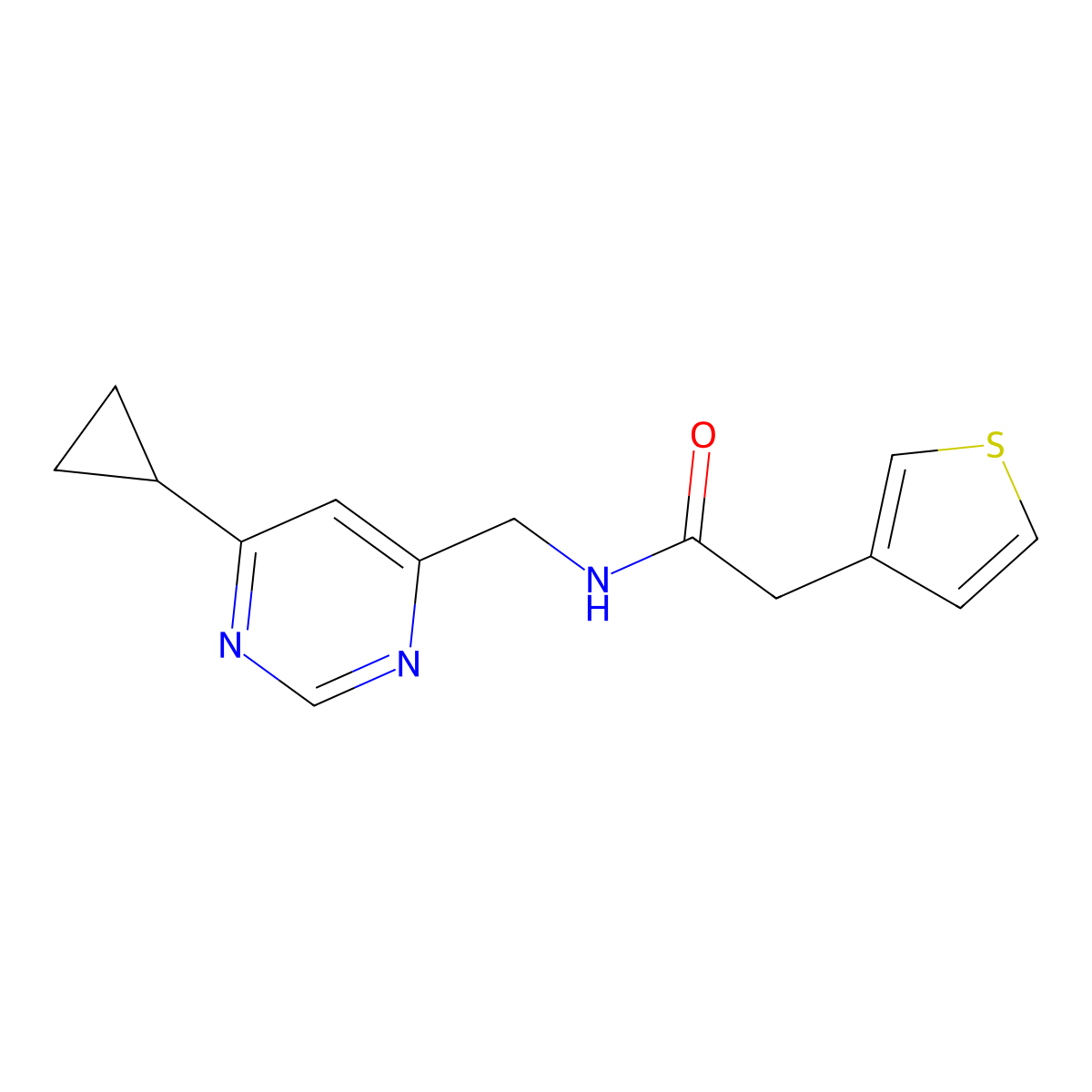 N-((6-cyclopropylpyrimidin-4-yl)methyl)-2-(thiophen-3-yl)acetamide molecular structure, CAS 2320605-24-9