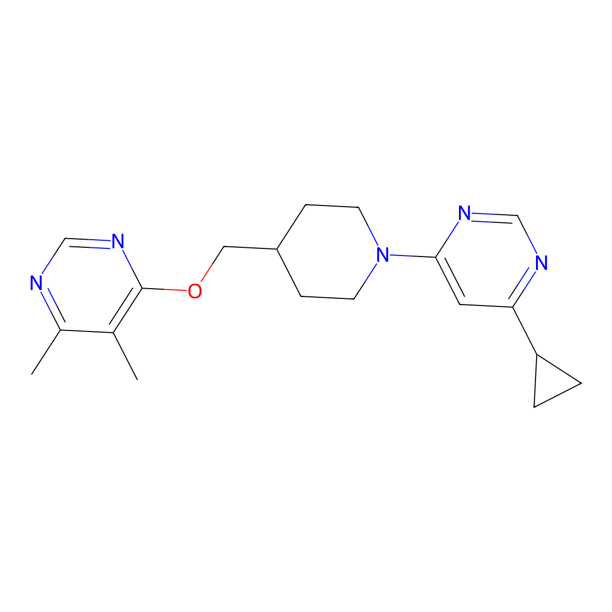 4-Cyclopropyl-6-(4-{[(5,6-dimethylpyrimidin-4-yl)oxy]methyl}piperidin-1-yl)pyrimidine molecular structure, CAS 2320605-35-2