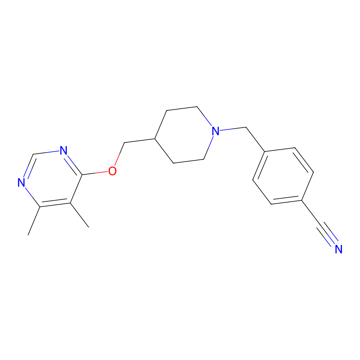 4-[(4-{[(5,6-Dimethylpyrimidin-4-yl)oxy]methyl}piperidin-1-yl)methyl]benzonitrile molecular structure, CAS 2320608-75-9