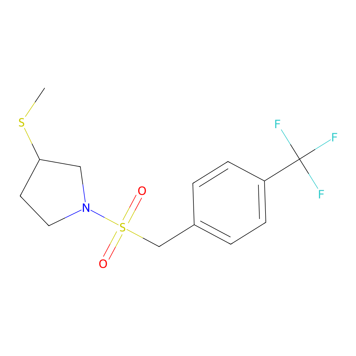 3-(Methylsulfanyl)-1-{[4-(trifluoromethyl)phenyl]methanesulfonyl}pyrrolidine molecular structure, CAS 2320609-83-2