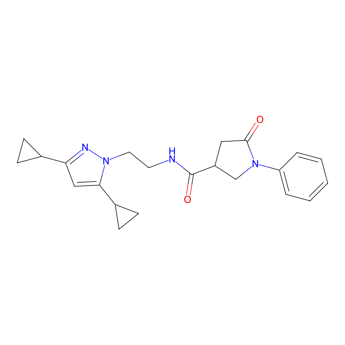 N-[2-(3,5-dicyclopropyl-1H-pyrazol-1-yl)ethyl]-5-oxo-1-phenylpyrrolidine-3-carboxamide molecular structure, CAS 2320641-66-3