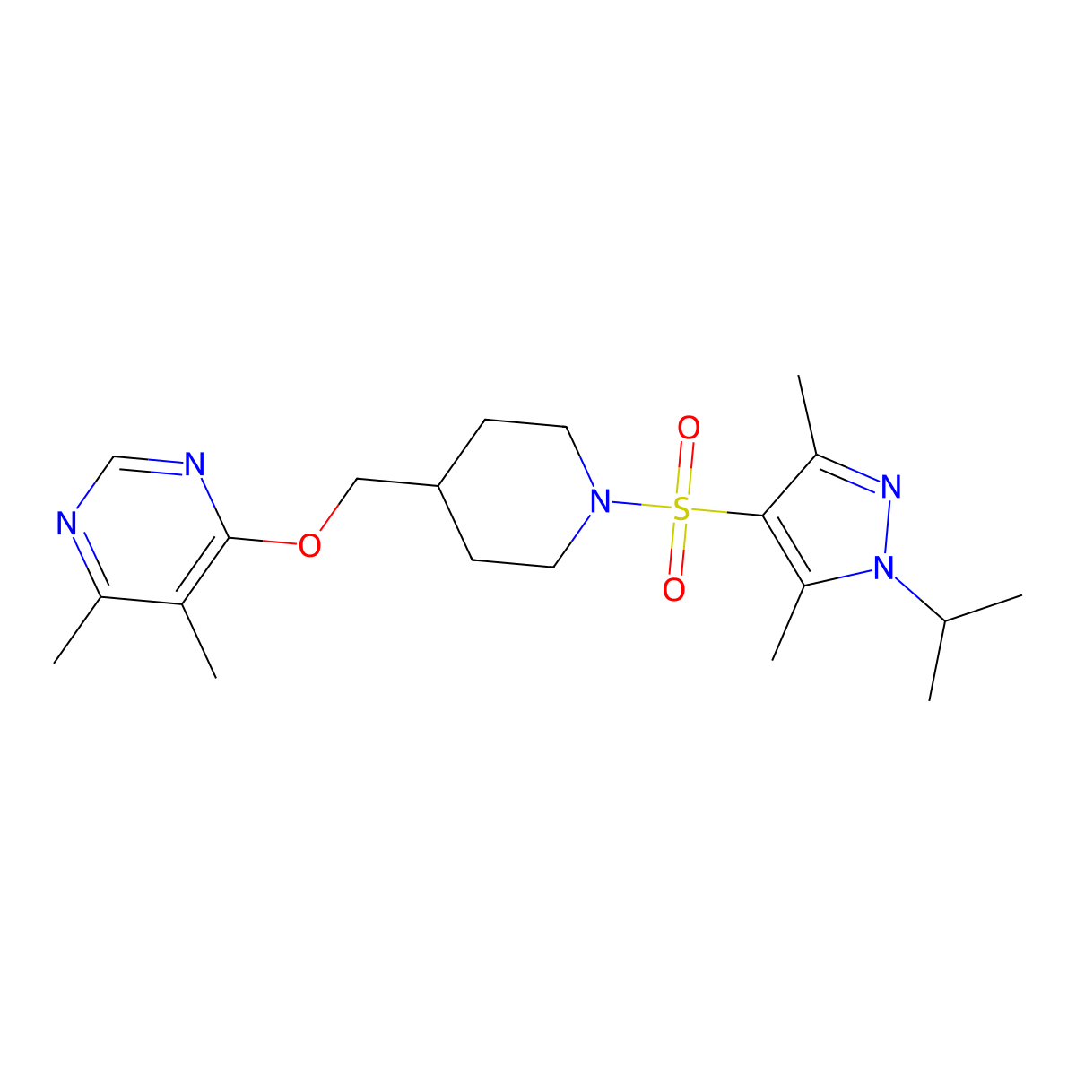 4-[(1-{[3,5-dimethyl-1-(propan-2-yl)-1H-pyrazol-4-yl]sulfonyl}piperidin-4-yl)methoxy]-5,6-dimethylpyrimidine molecular structure, CAS 2320642-44-0