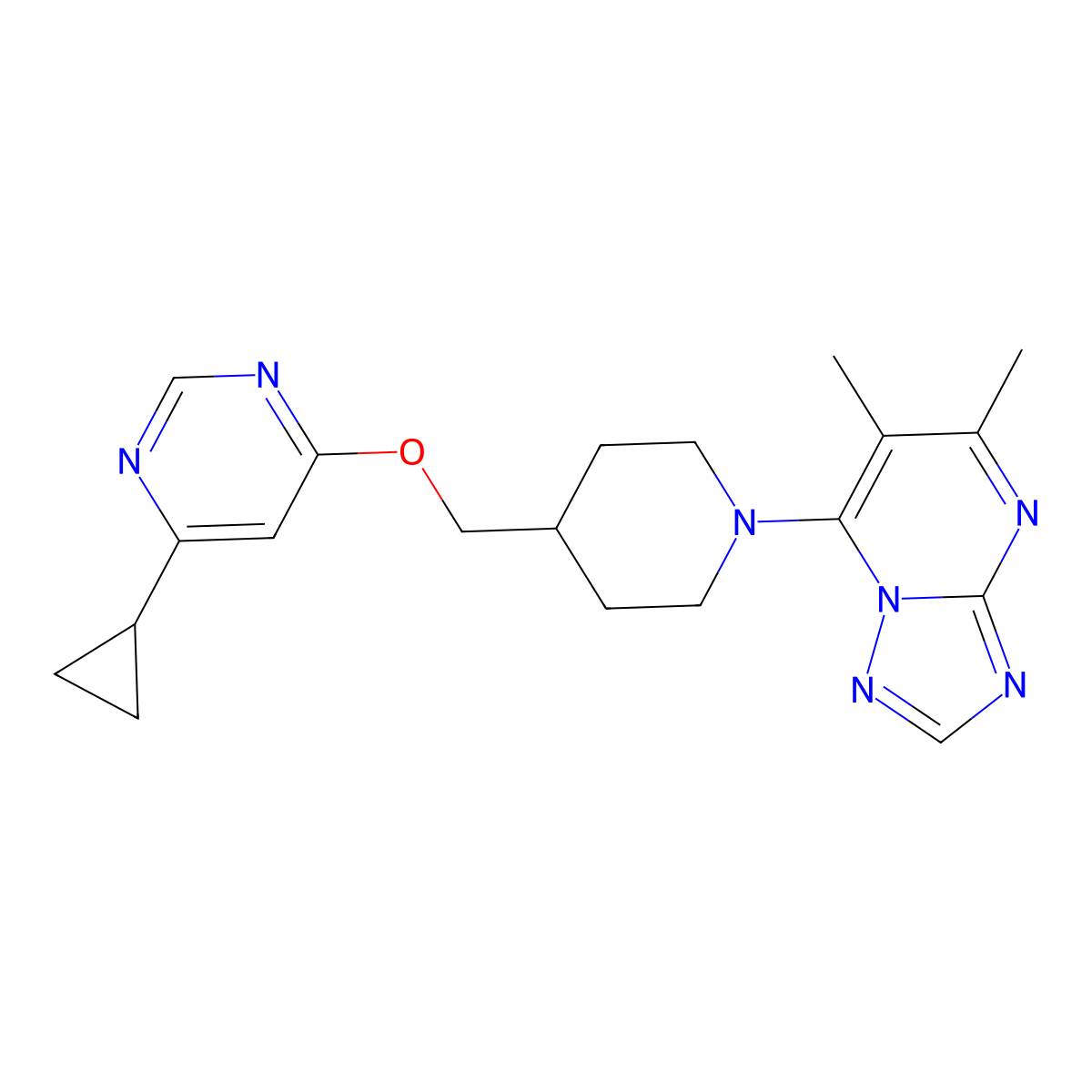 4-Cyclopropyl-6-[(1-{5,6-dimethyl-[1,2,4]triazolo[1,5-a]pyrimidin-7-yl}piperidin-4-yl)methoxy]pyrimidine molecular structure, CAS 2320642-54-2