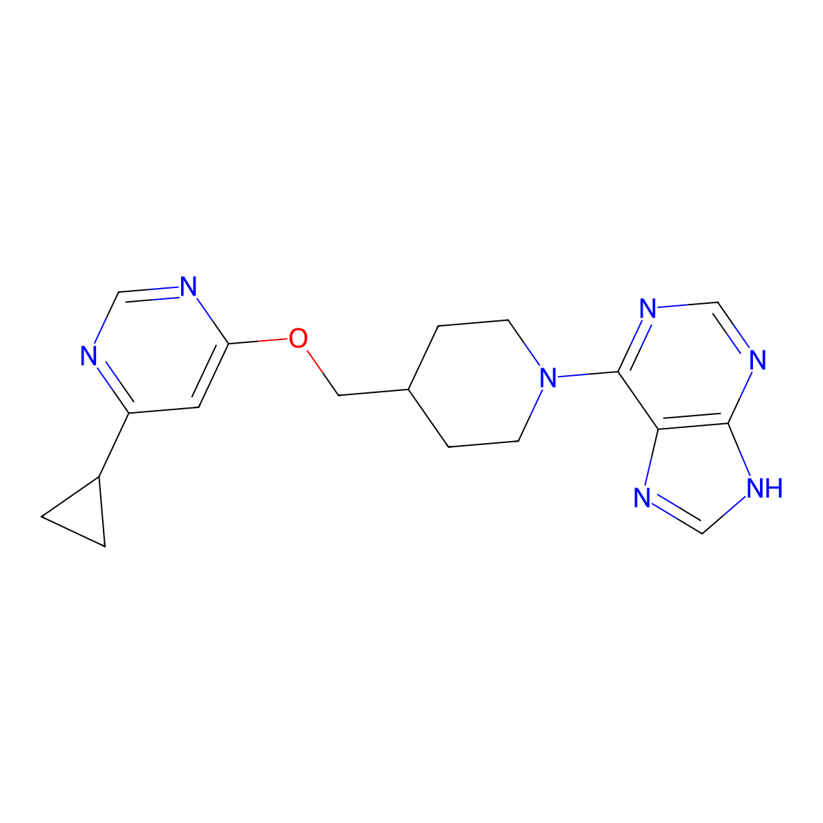 6-(4-{[(6-cyclopropylpyrimidin-4-yl)oxy]methyl}piperidin-1-yl)-9H-purine molecular structure, CAS 2320642-64-4