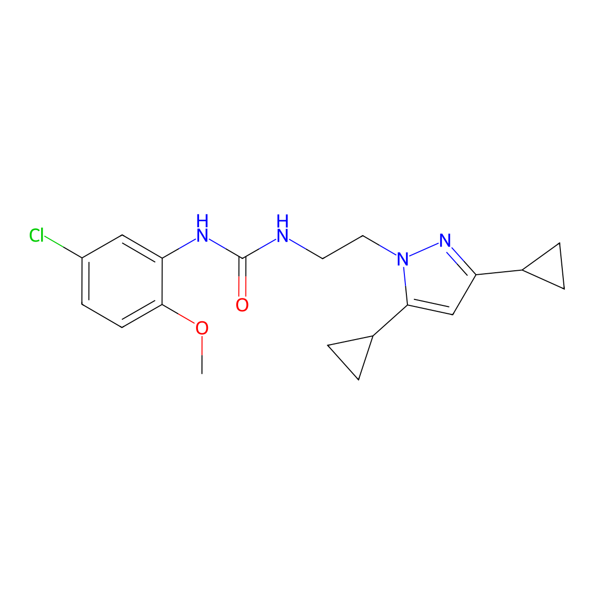 1-(5-chloro-2-methoxyphenyl)-3-[2-(3,5-dicyclopropyl-1H-pyrazol-1-yl)ethyl]urea molecular structure, CAS 2320642-69-9