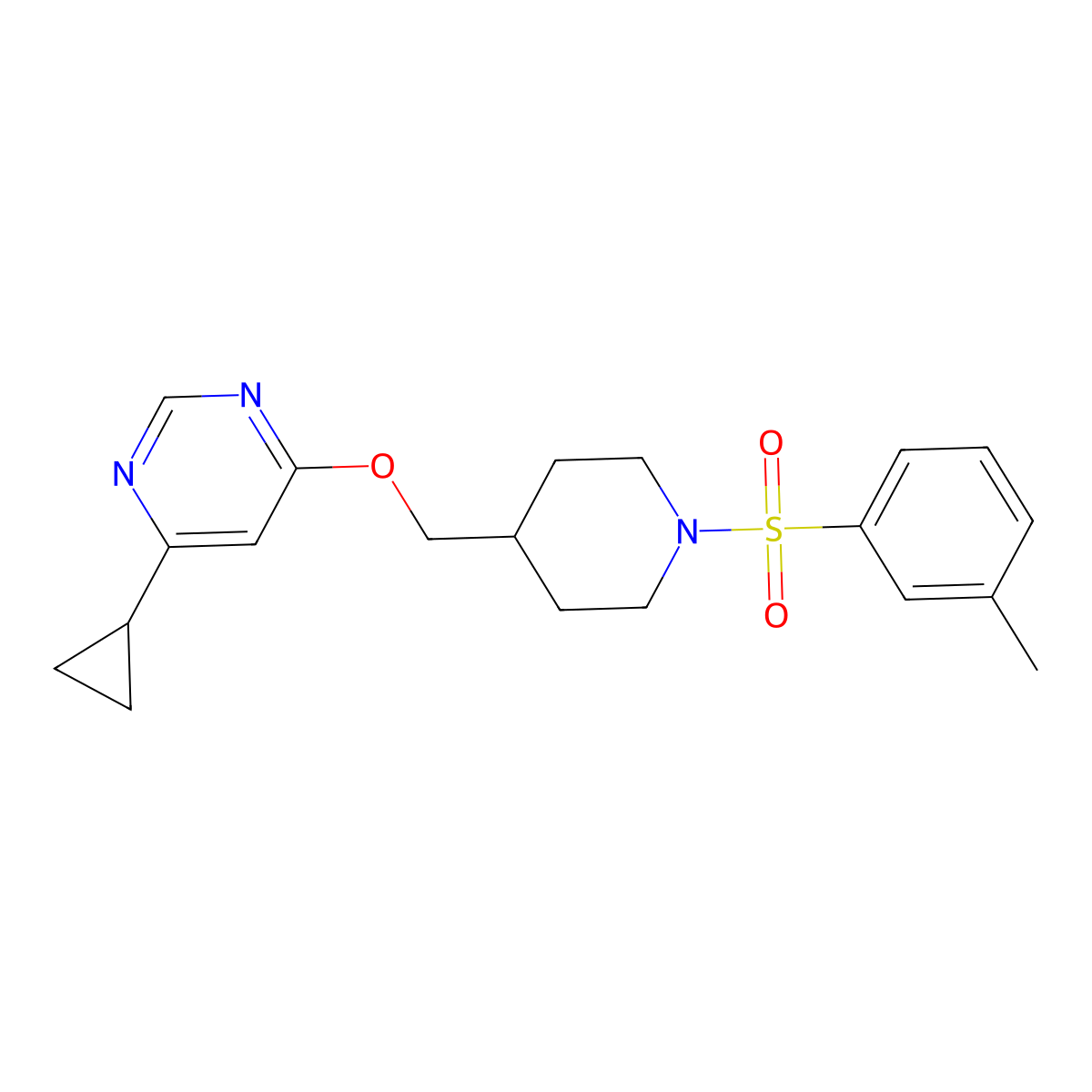 4-Cyclopropyl-6-{[1-(3-methylbenzenesulfonyl)piperidin-4-yl]methoxy}pyrimidine molecular structure, CAS 2320642-94-0