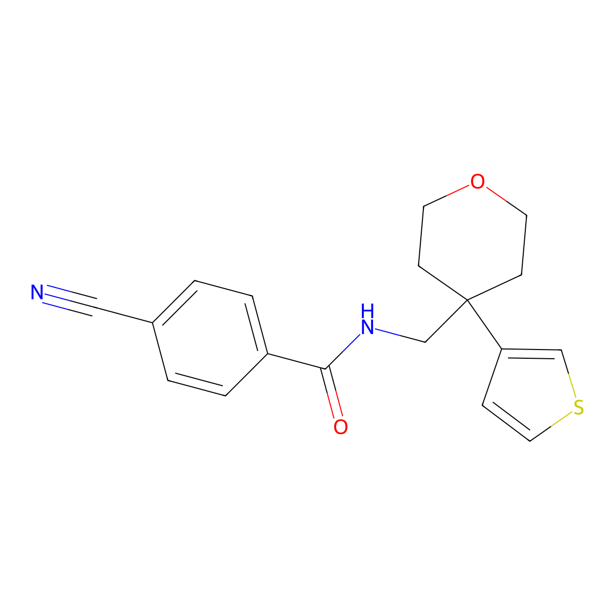 4-cyano-N-((4-(thiophen-3-yl)tetrahydro-2H-pyran-4-yl)methyl)benzamide molecular structure, CAS 2320663-24-7