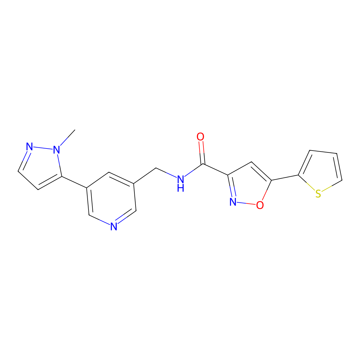 N-((5-(1-methyl-1H-pyrazol-5-yl)pyridin-3-yl)methyl)-5-(thiophen-2-yl)isoxazole-3-carboxamide molecular structure, CAS 2320663-36-1