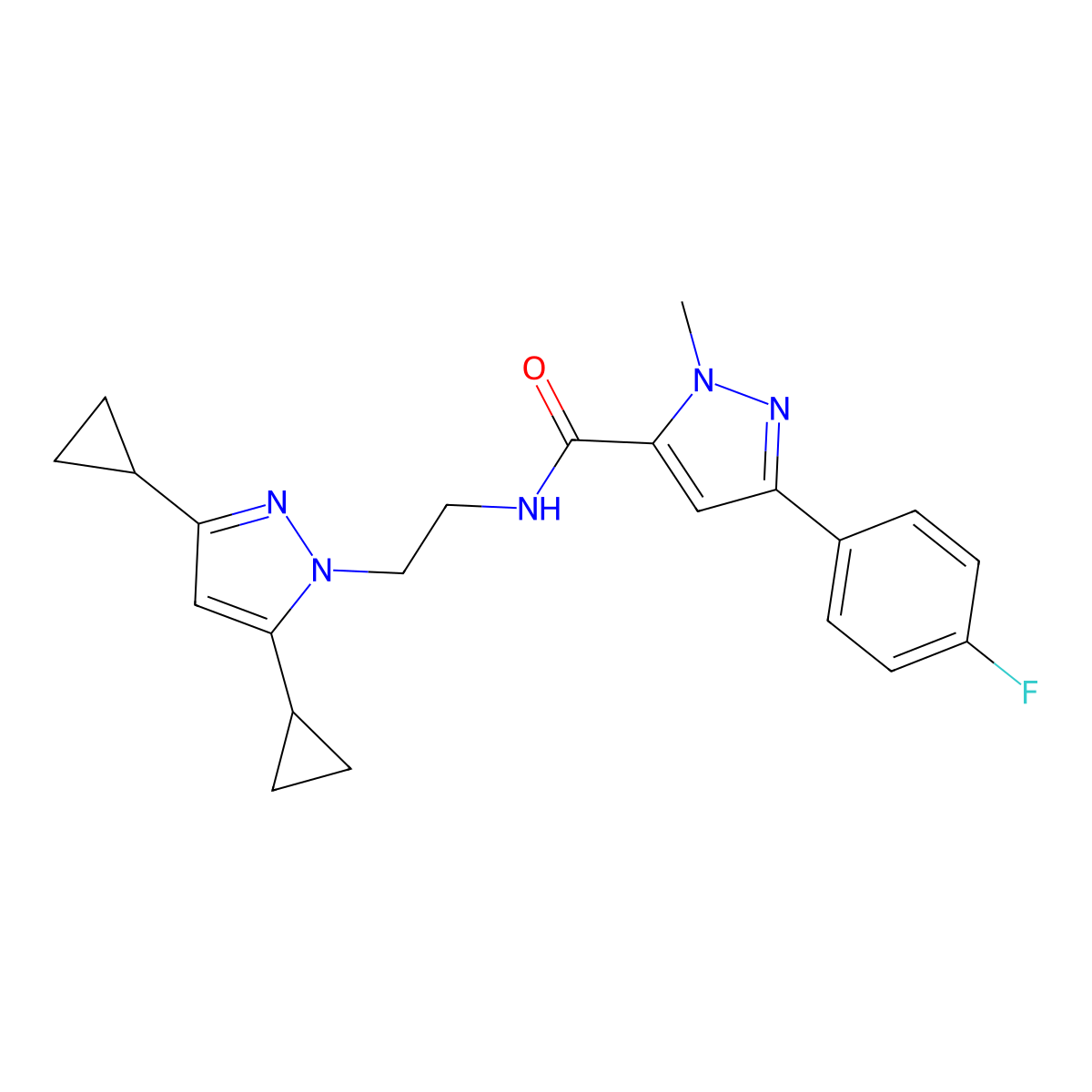 N-[2-(3,5-dicyclopropyl-1H-pyrazol-1-yl)ethyl]-3-(4-fluorophenyl)-1-methyl-1H-pyrazole-5-carboxamide molecular structure, CAS 2320663-62-3