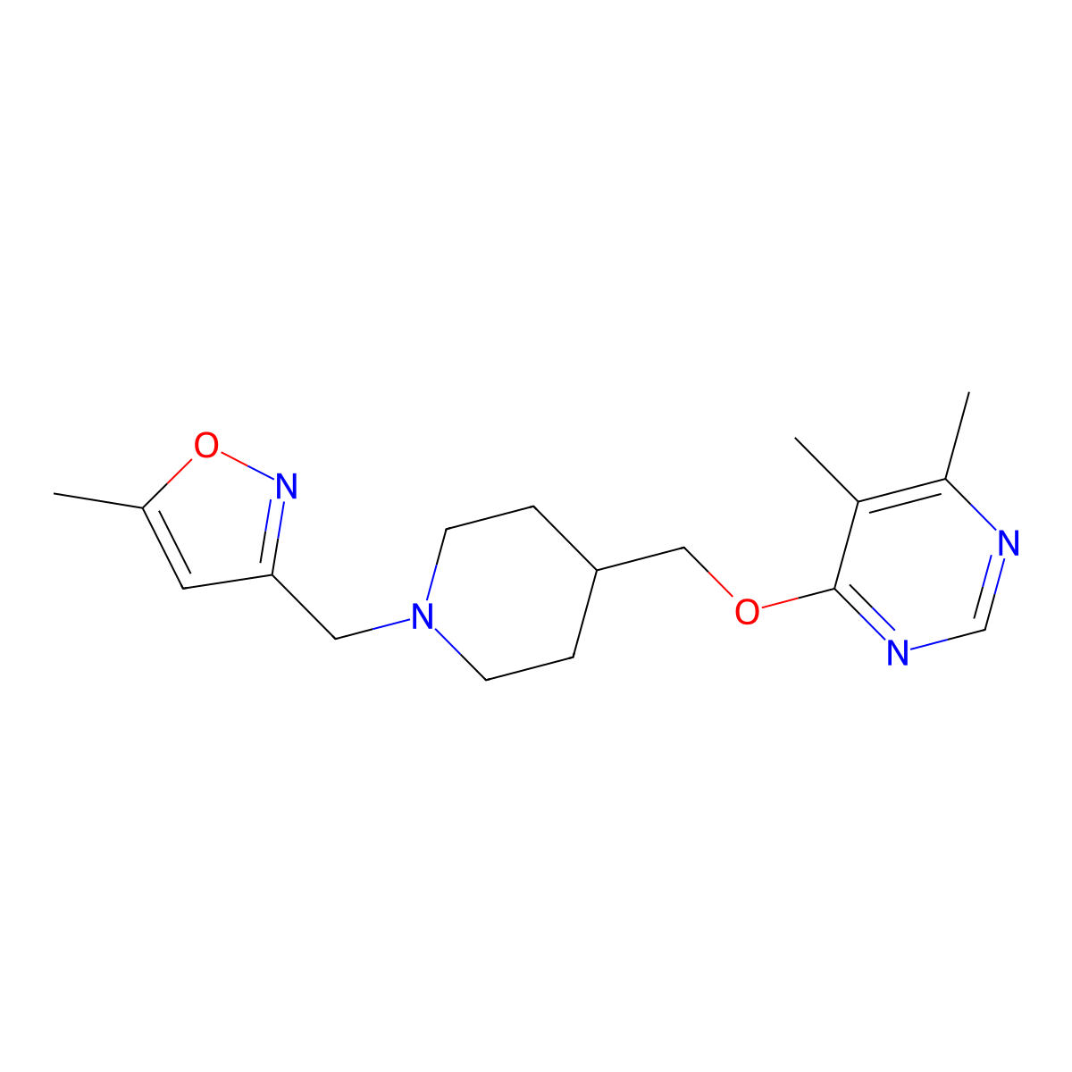 4,5-Dimethyl-6-({1-[(5-methyl-1,2-oxazol-3-yl)methyl]piperidin-4-yl}methoxy)pyrimidine molecular structure, CAS 2320663-85-0