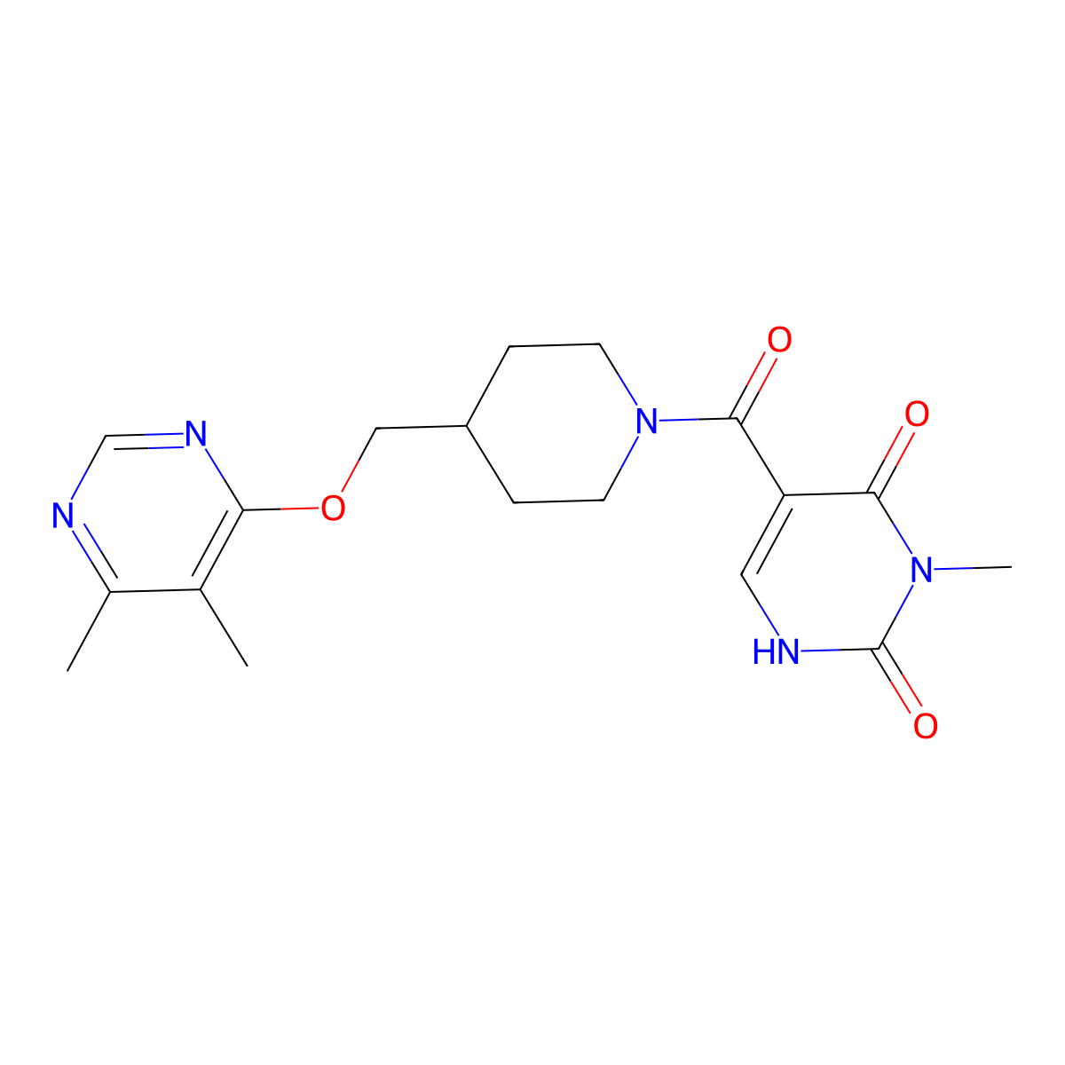 5-(4-(((5,6-dimethylpyrimidin-4-yl)oxy)methyl)piperidine-1-carbonyl)-3-methylpyrimidine-2,4(1H,3H)-dione molecular structure, CAS 2320663-92-9