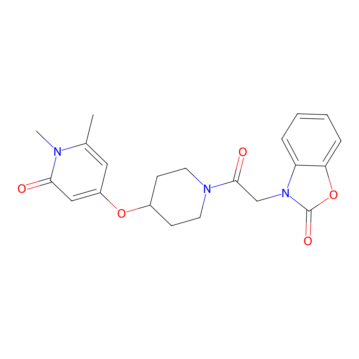 3-(2-(4-((1,6-dimethyl-2-oxo-1,2-dihydropyridin-4-yl)oxy)piperidin-1-yl)-2-oxoethyl)benzo[d]oxazol-2(3H)-one molecular structure, CAS 2320664-51-3