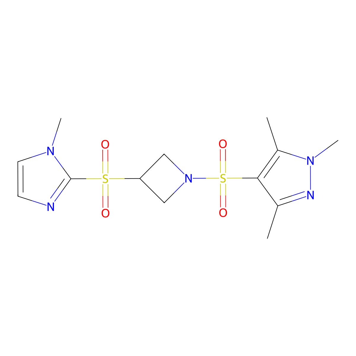 1,3,5-trimethyl-4-({3-[(1-methyl-1H-imidazol-2-yl)sulfonyl]azetidin-1-yl}sulfonyl)-1H-pyrazole molecular structure, CAS 2320665-31-2