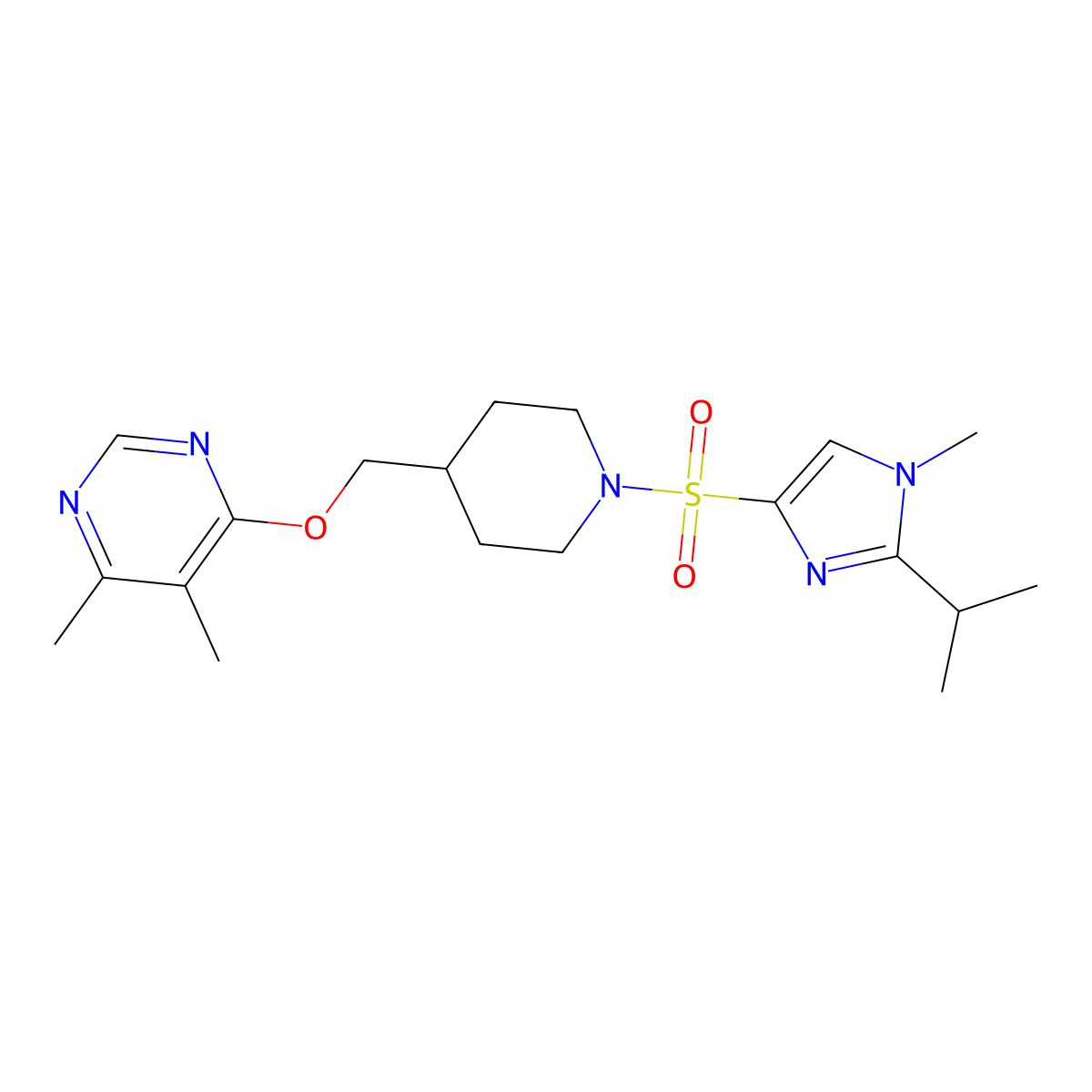 4,5-dimethyl-6-[(1-{[1-methyl-2-(propan-2-yl)-1H-imidazol-4-yl]sulfonyl}piperidin-4-yl)methoxy]pyrimidine molecular structure, CAS 2320665-41-4