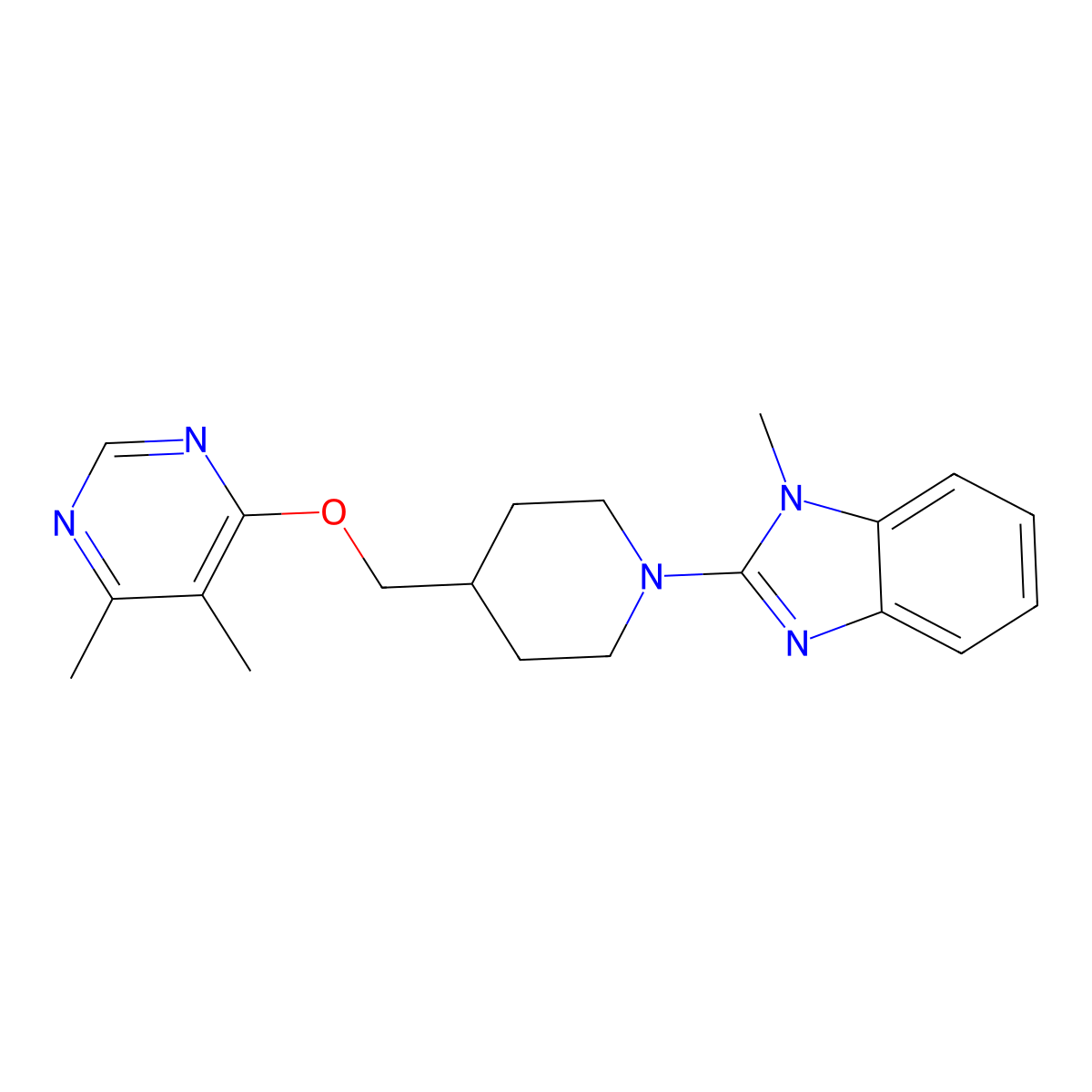 2-(4-{[(5,6-dimethylpyrimidin-4-yl)oxy]methyl}piperidin-1-yl)-1-methyl-1H-1,3-benzodiazole molecular structure, CAS 2320665-48-1