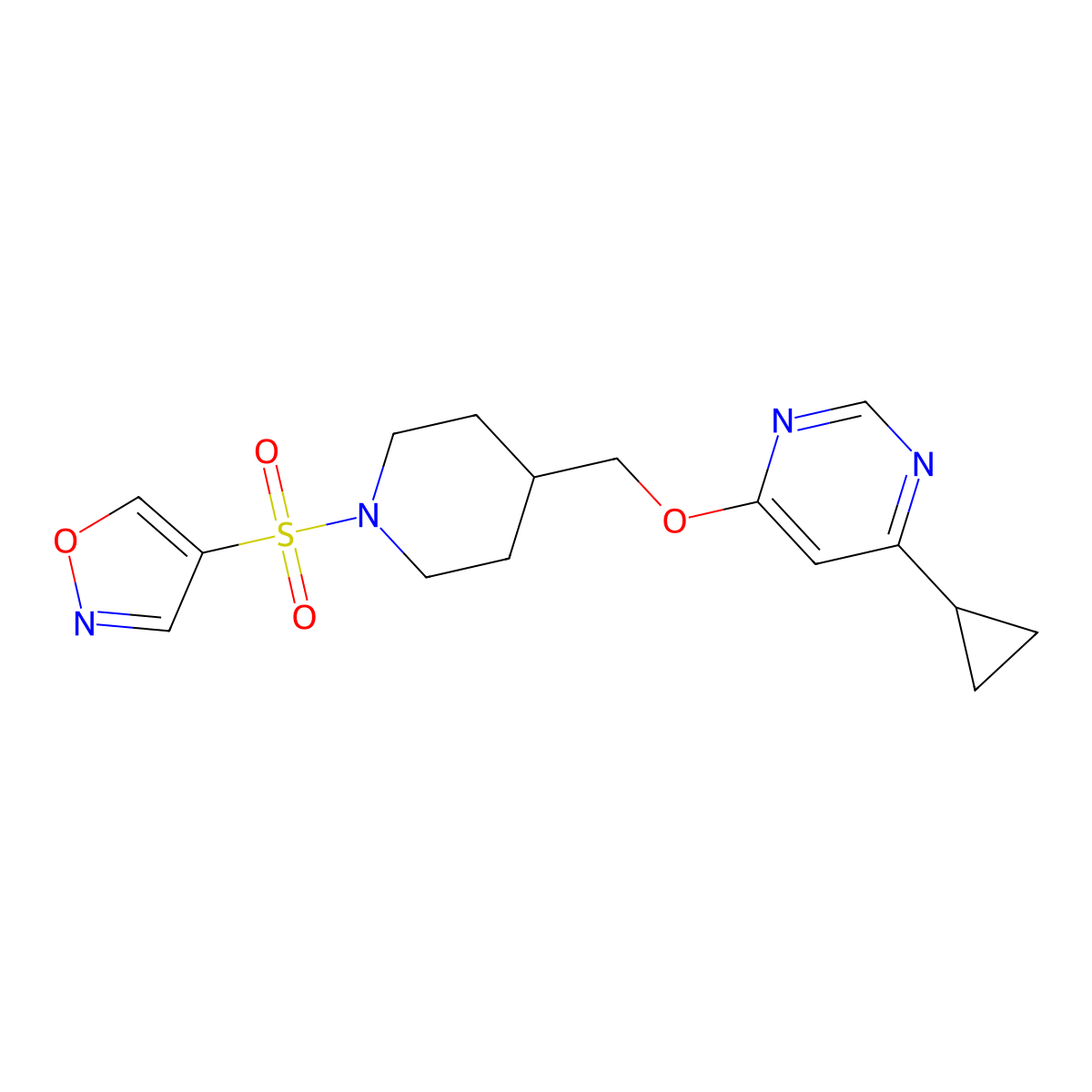 4-Cyclopropyl-6-{[1-(1,2-oxazole-4-sulfonyl)piperidin-4-yl]methoxy}pyrimidine molecular structure, CAS 2320665-77-6