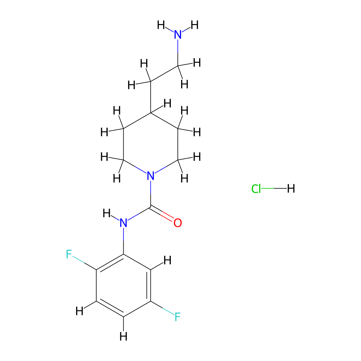 4-(2-aminoethyl)-N-(2,5-difluorophenyl)piperidine-1-carboxamide hydrochloride molecular structure, CAS 2320665-87-8