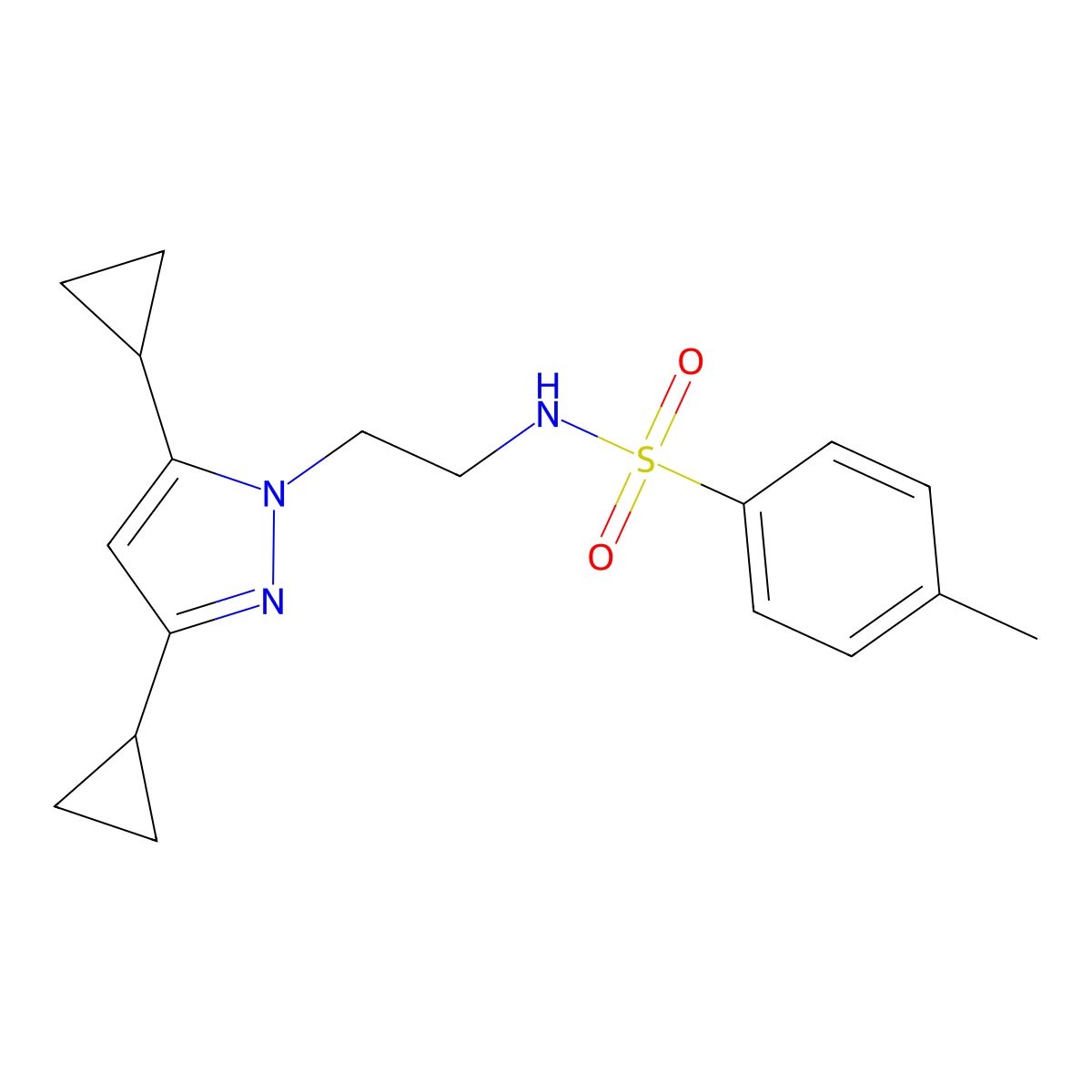 N-(2-(3,5-dicyclopropyl-1H-pyrazol-1-yl)ethyl)-4-methylbenzenesulfonamide molecular structure, CAS 2320666-55-3